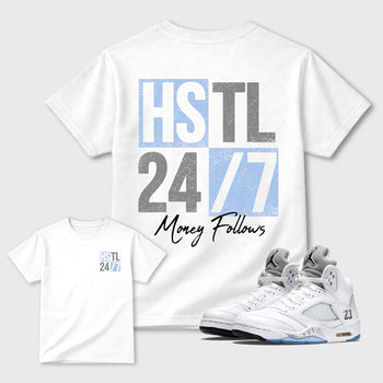 Hustle 247 front and back graphic t-shirt styled to complete your outfit with theAir Jordan 5 White Metallic sneakers, shown in White.