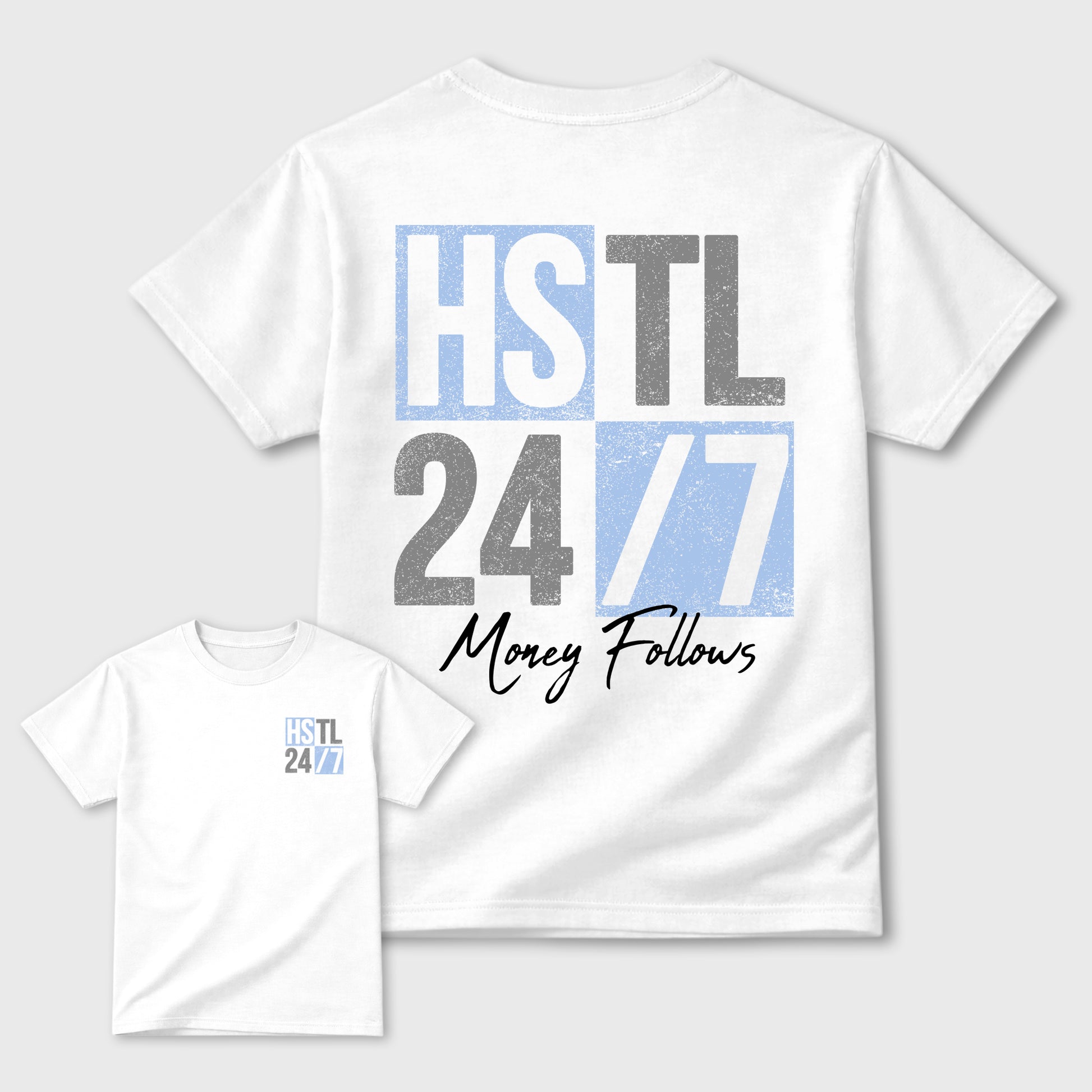 Hustle 247 front and back graphic t-shirt styled to complete your outfit with the5s White Metallic, shown in White.
