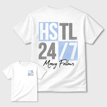 Hustle 247 front and back graphic t-shirt styled to complete your outfit with the5s White Metallic, shown in White.