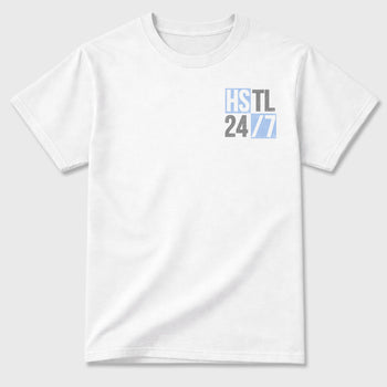 Hustle 247 front and back graphic t-shirt styled to complete your outfit with the5s White Metallic, shown in White.
