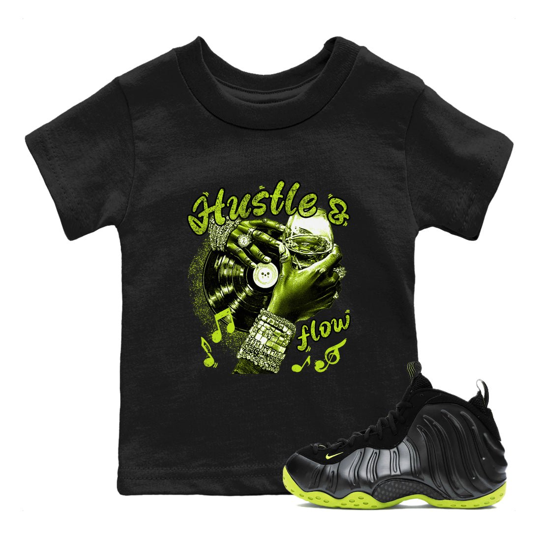 Foams One Black Volt best t shirts to wear with jordans Hustle and Flow sneaker match tees Air Foamposite One Black Volt match shoes to clothes SNRT Sneaker Tees Youth Baby Black 1 tee