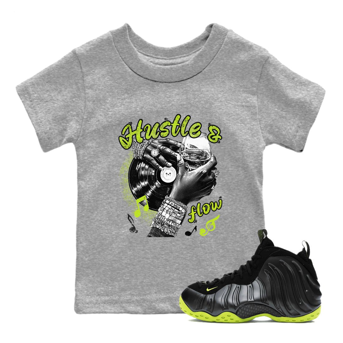 Foams One Black Volt best t shirts to wear with jordans Hustle and Flow sneaker match tees Air Foamposite One Black Volt match shoes to clothes SNRT Sneaker Tees Youth Baby Heather Grey 1 tee