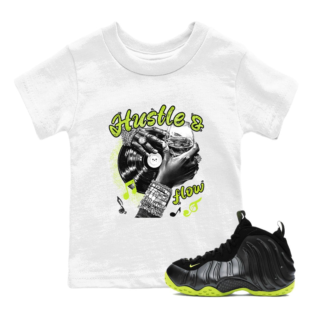 Foams One Black Volt best t shirts to wear with jordans Hustle and Flow sneaker match tees Air Foamposite One Black Volt match shoes to clothes SNRT Sneaker Tees Youth Baby White 1 tee