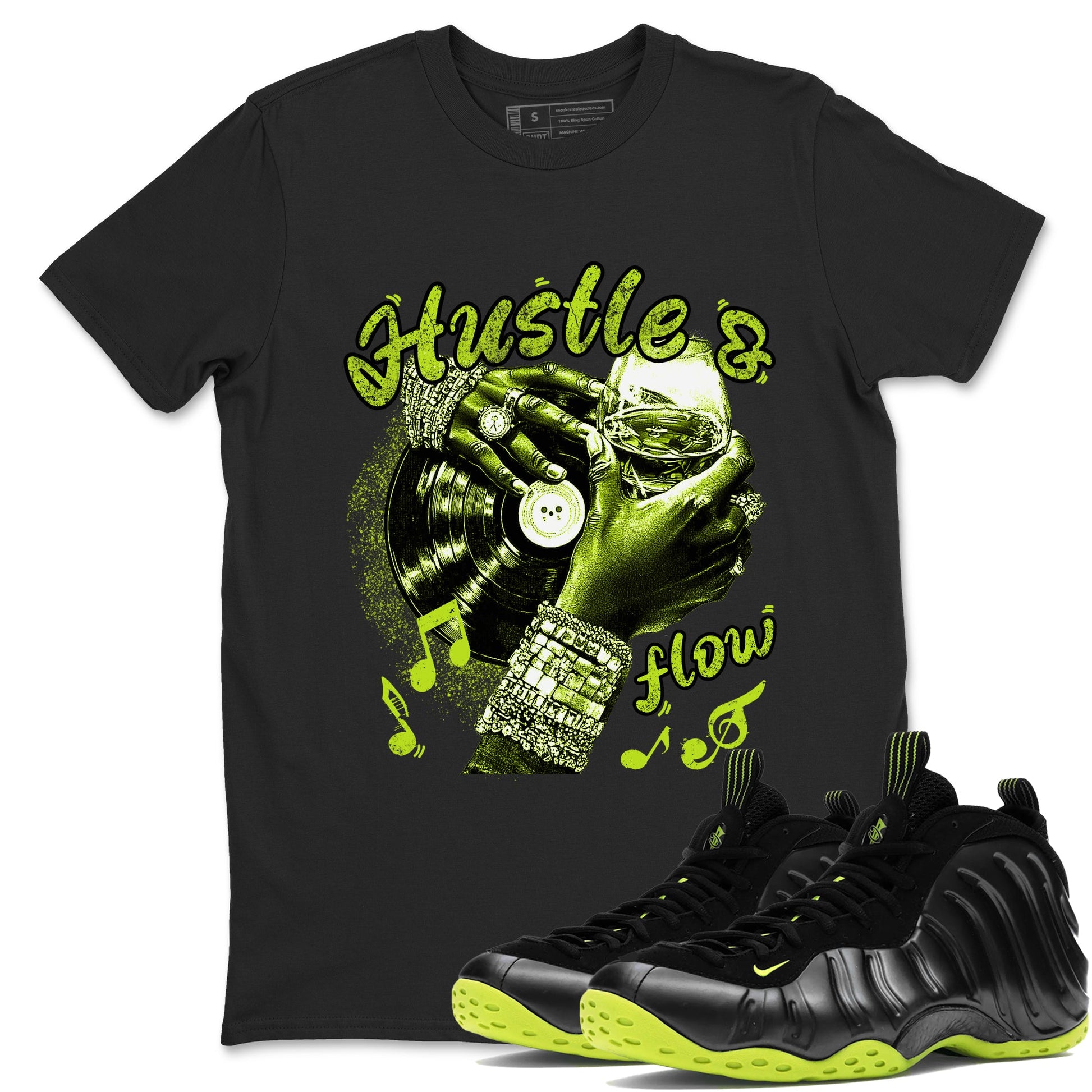 Foams One Black Volt best t shirts to wear with jordans Hustle and Flow sneaker match tees Air Foamposite One Black Volt match shoes to clothes SNRT Sneaker Tees unisex cotton Black 1 shirts