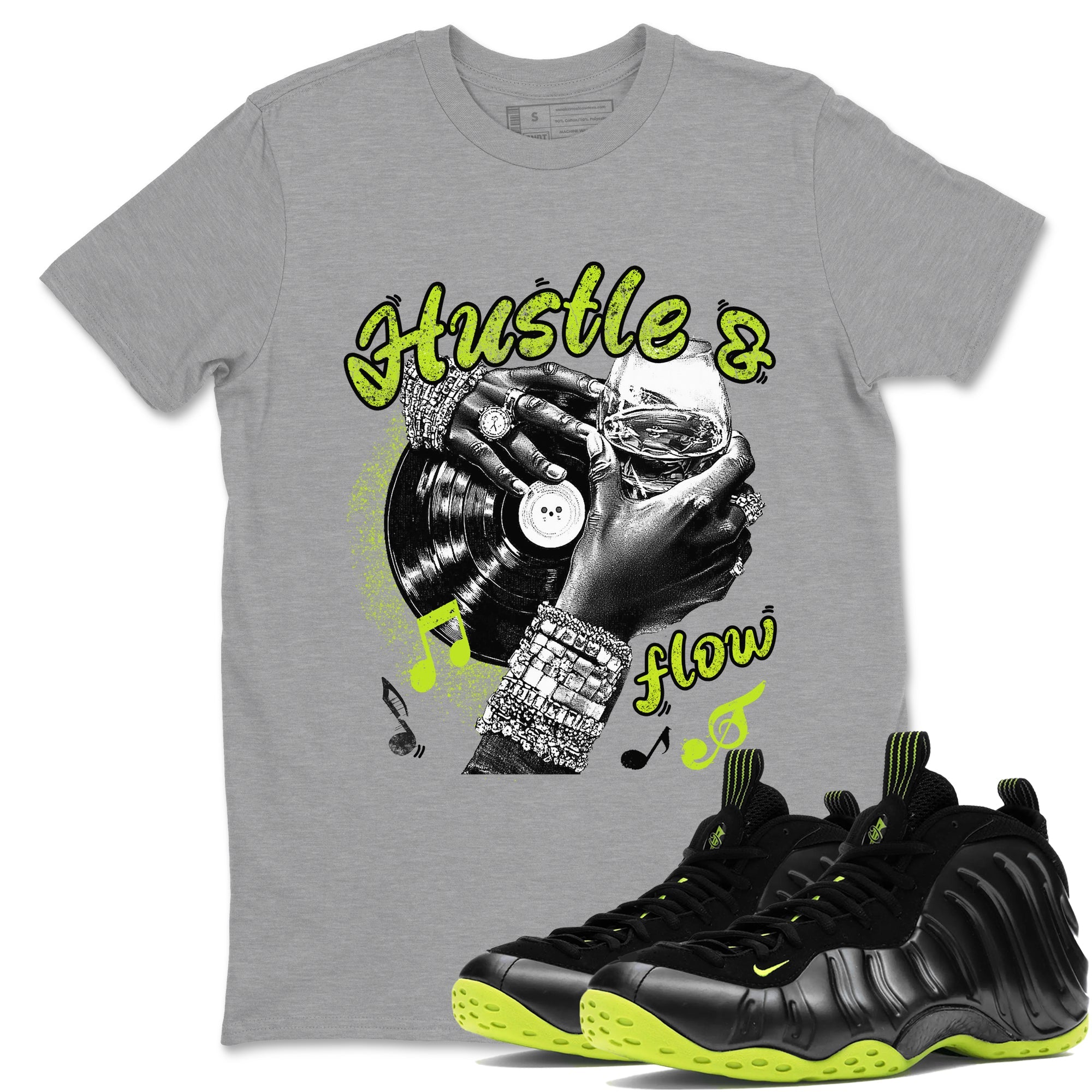 Foams One Black Volt best t shirts to wear with jordans Hustle and Flow sneaker match tees Air Foamposite One Black Volt match shoes to clothes SNRT Sneaker Tees unisex cotton Heather Grey 1 shirts