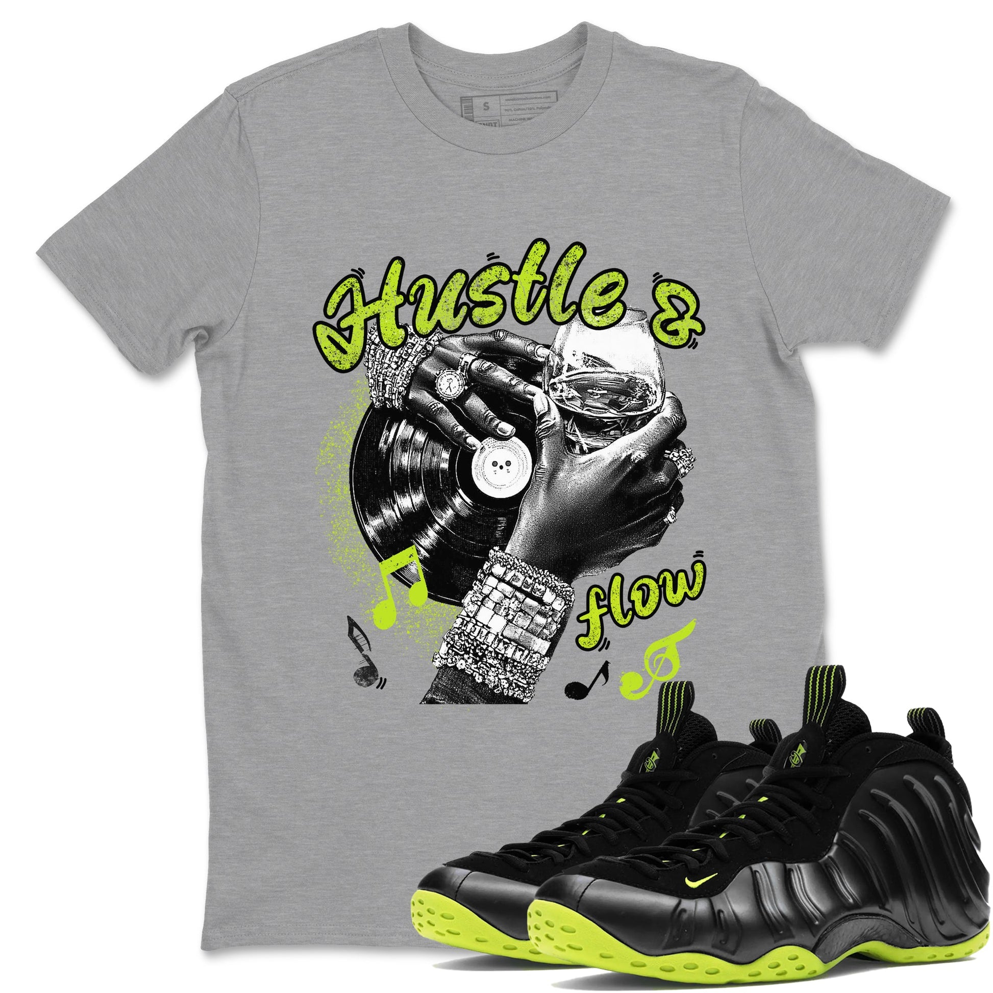 Foams One Black Volt best t shirts to wear with jordans Hustle and Flow sneaker match tees Air Foamposite One Black Volt match shoes to clothes SNRT Sneaker Tees unisex cotton Heather Grey 1 shirts