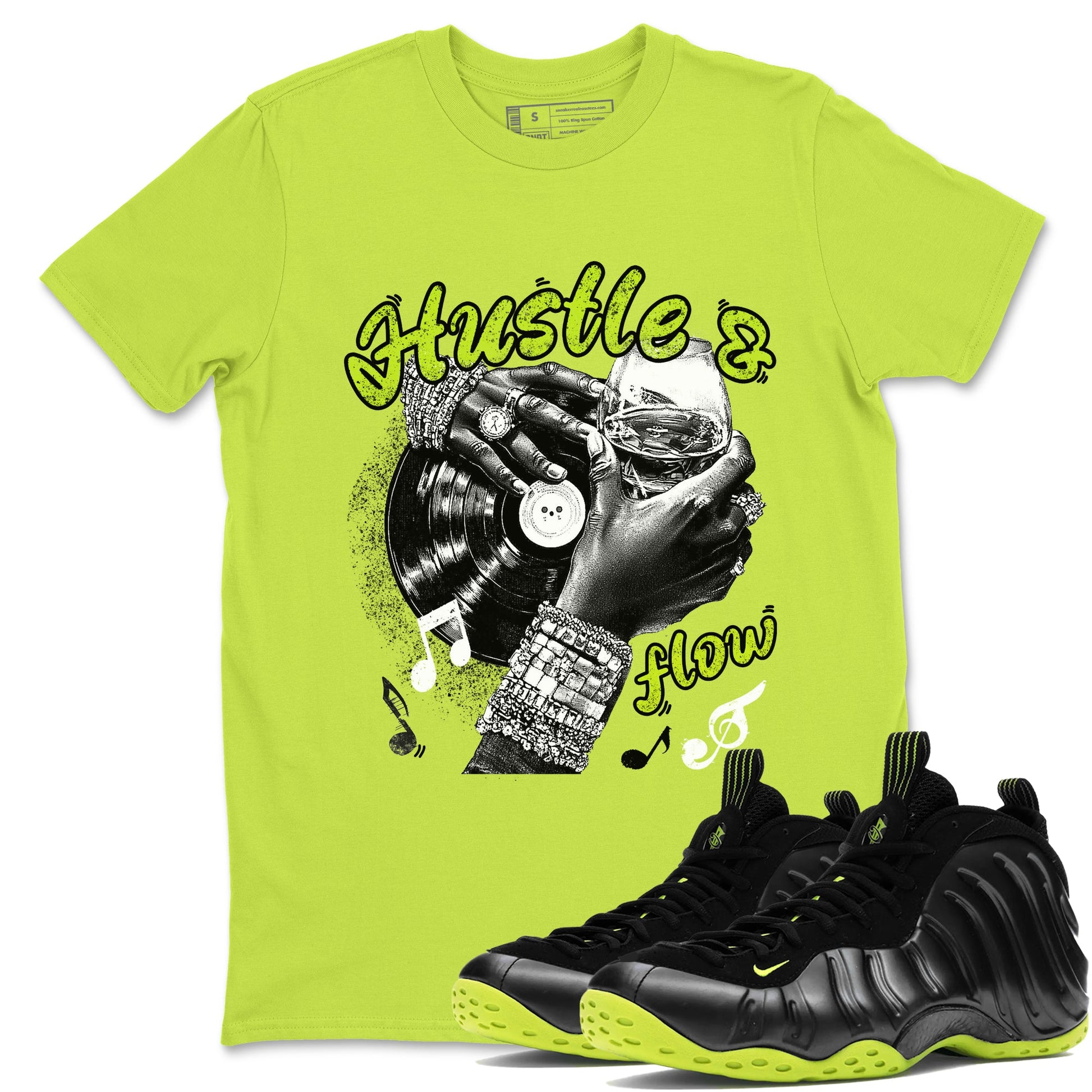 Foams One Black Volt best t shirts to wear with jordans Hustle and Flow sneaker match tees Air Foamposite One Black Volt match shoes to clothes SNRT Sneaker Tees unisex cotton Safety Green 1 shirts
