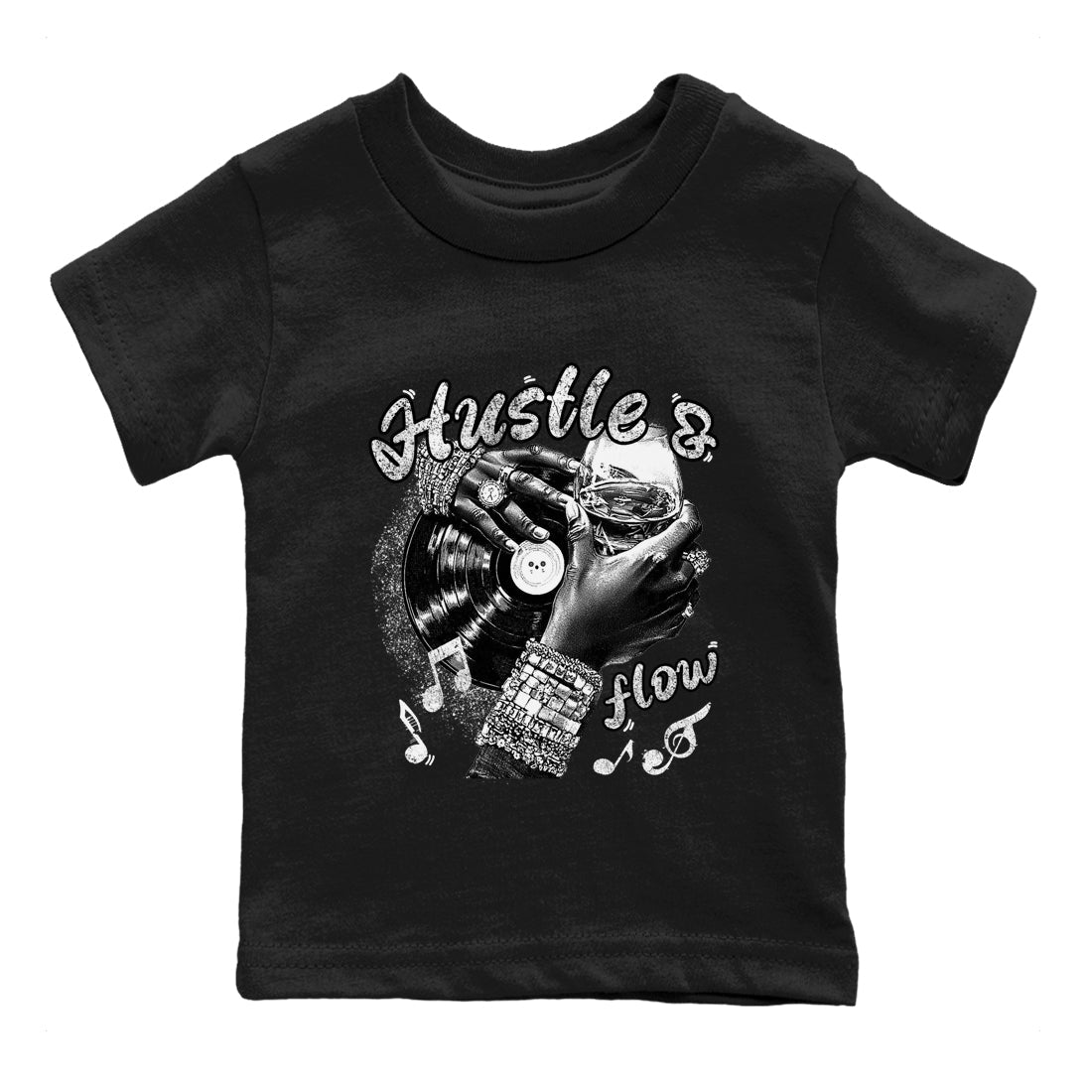 Hustle And Flow baby and kids t-shirt crafted for little sneakerheads to shine with the Air Foamposite One Triple White sneakers, displayed in Black 2.