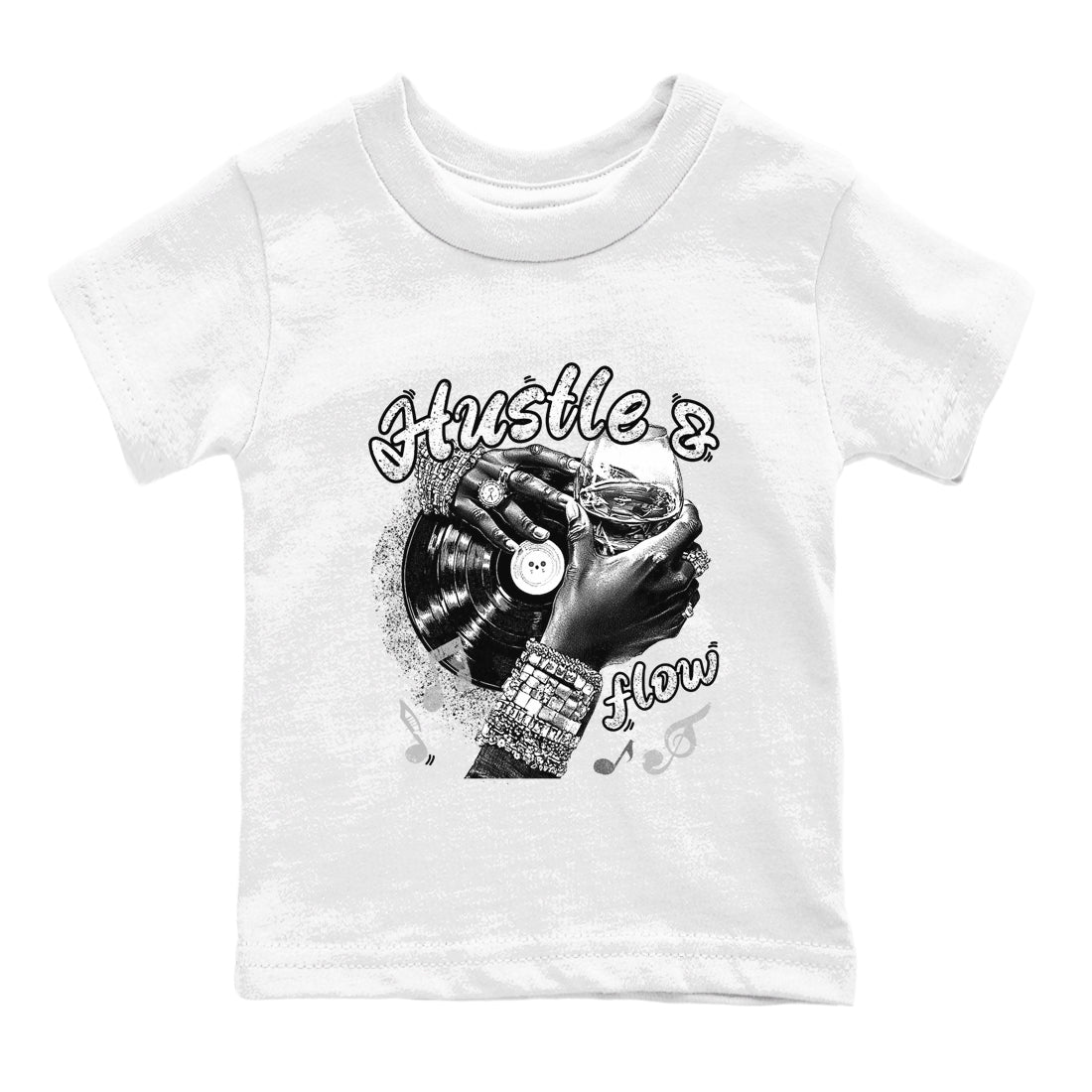 Hustle And Flow baby and kids t-shirt crafted for little sneakerheads to shine with the Air Foamposite One Triple White sneakers, displayed in White 2.