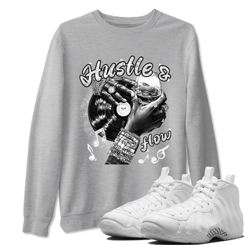 Hustle And Flow sneaker match t-shirt styled to complete your fit with the Air Foamposite One Triple White sneakers, shown in Heather Grey 1.
