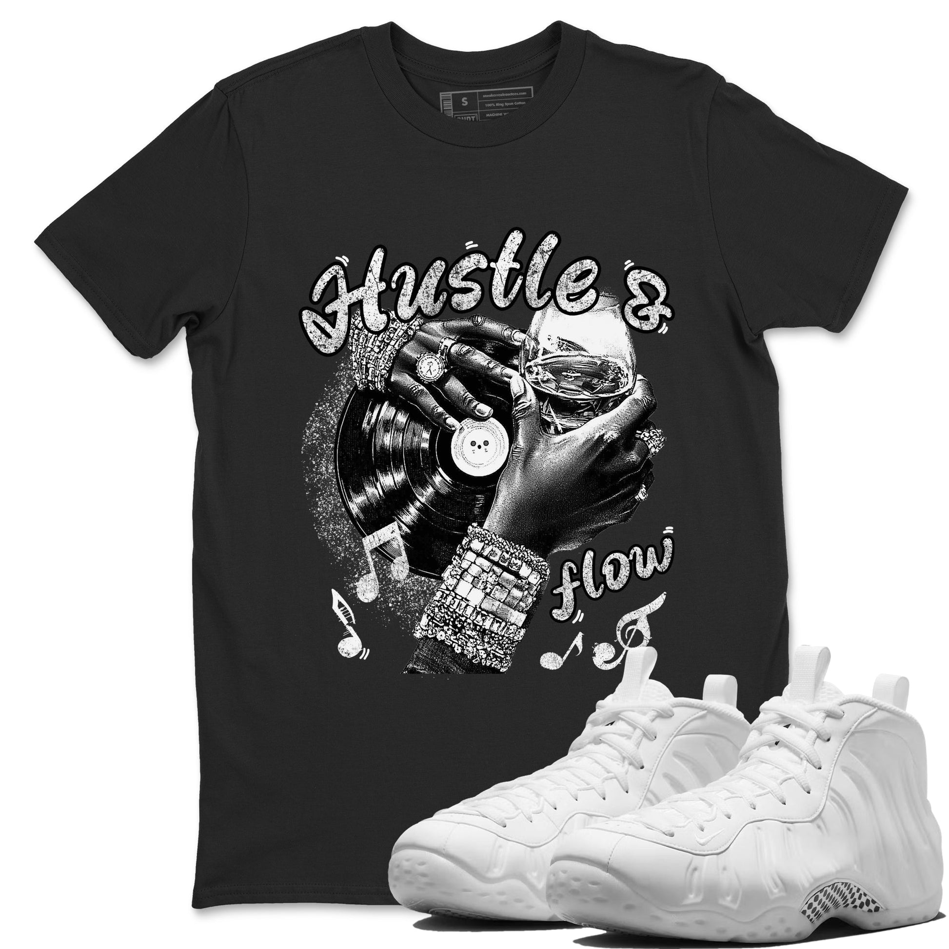 Hustle And Flow sneaker match t-shirt styled to complete your fit with the Air Foamposite One Triple White sneakers, shown in Black 1.