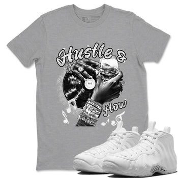 Hustle And Flow sneaker match t-shirt styled to complete your fit with the Air Foamposite One Triple White sneakers, shown in Heather Grey 1.
