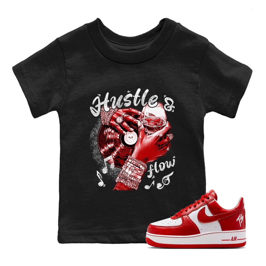 Hustle and Flow baby and kids t-shirt crafted for little sneakerheads to shine with the Air Force 1 University Red sneakers, displayed in Black 1.