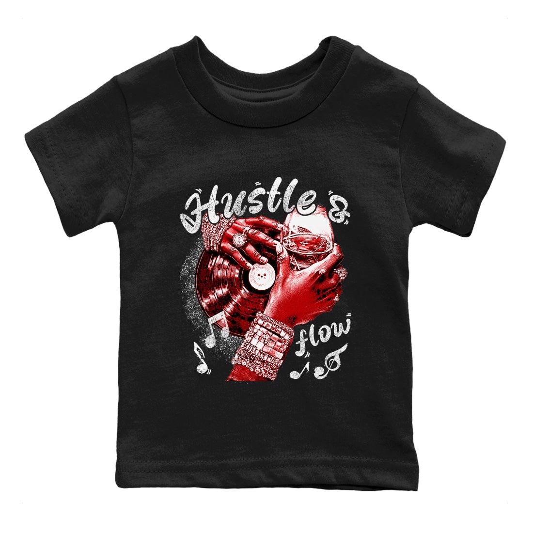 Hustle and Flow baby and kids t-shirt crafted for little sneakerheads to shine with the Air Force 1 University Red sneakers, displayed in Black 2.