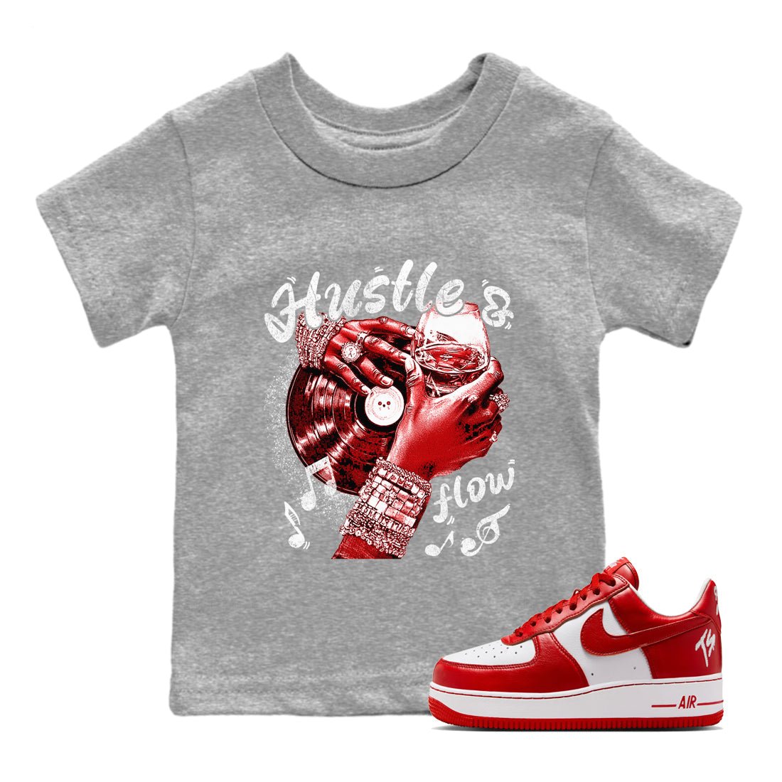 Hustle and Flow baby and kids t-shirt crafted for little sneakerheads to shine with the Air Force 1 University Red sneakers, displayed in Heather Grey 1.