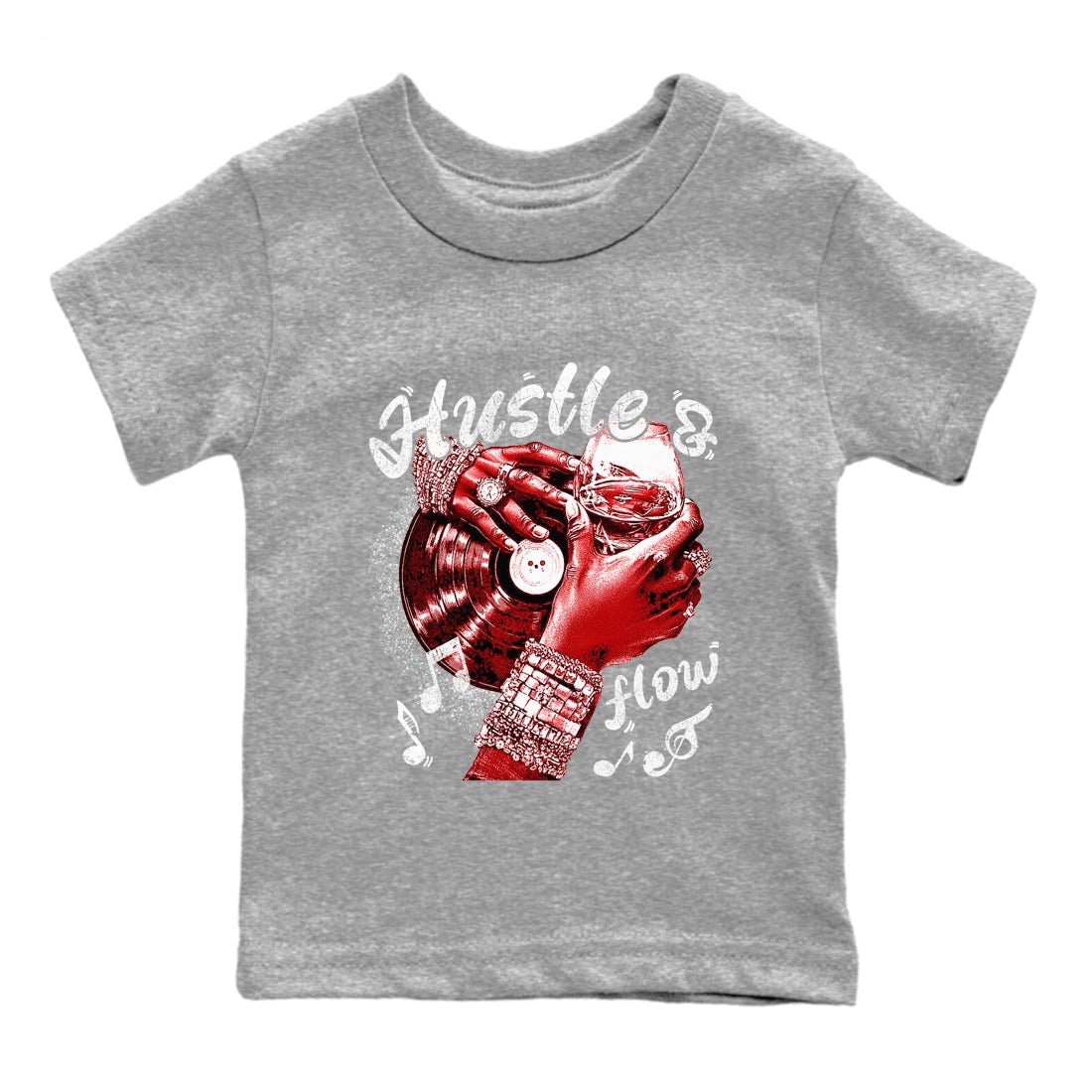 Hustle and Flow baby and kids t-shirt crafted for little sneakerheads to shine with the Air Force 1 University Red sneakers, displayed in Heather Grey 2.
