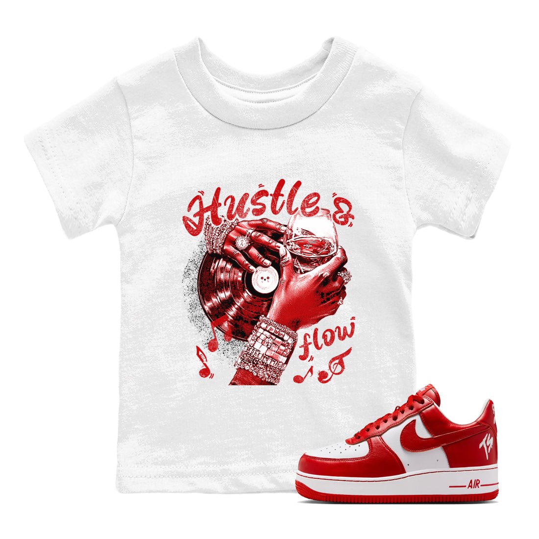 Hustle and Flow baby and kids t-shirt crafted for little sneakerheads to shine with the Air Force 1 University Red sneakers, displayed in White 1.