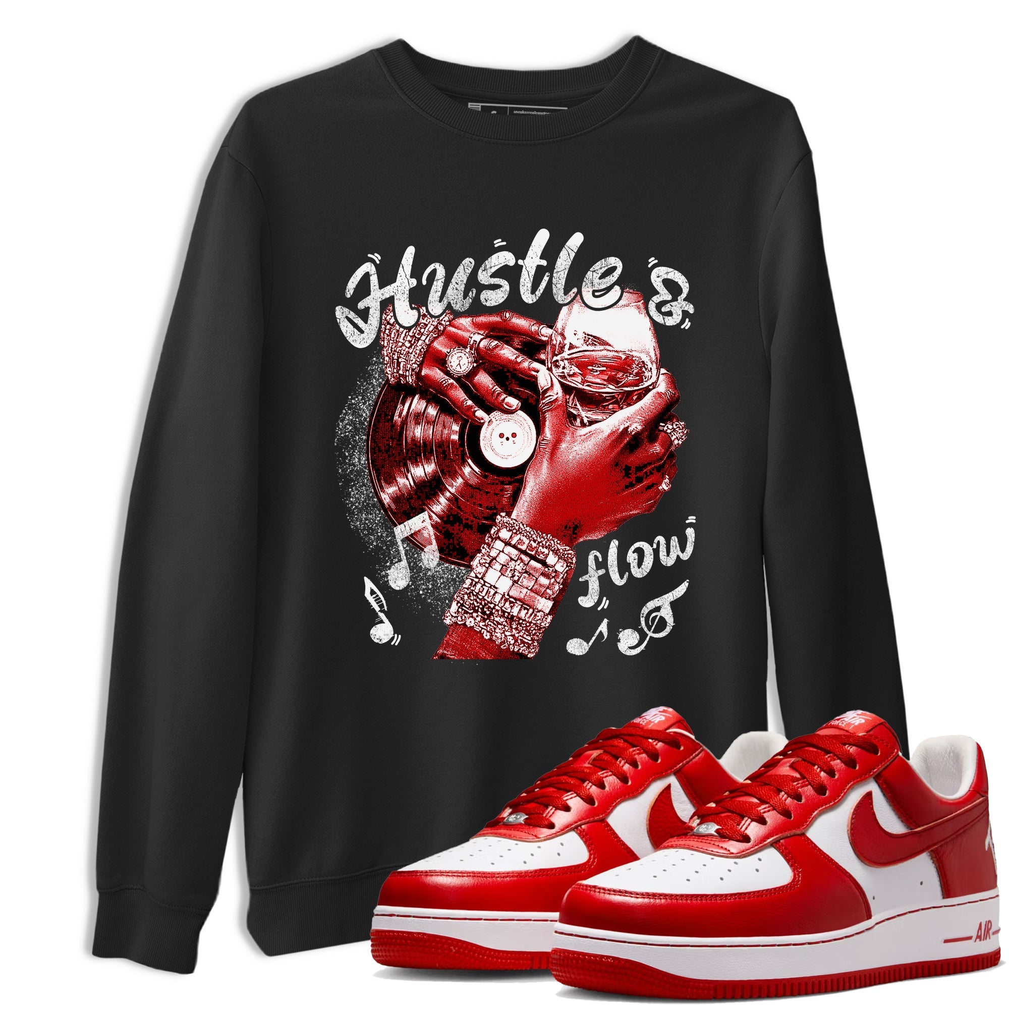 Hustle and Flow sneaker match t-shirt styled to complete your fit with the Air Force 1 University Red sneakers, shown in Black 1.