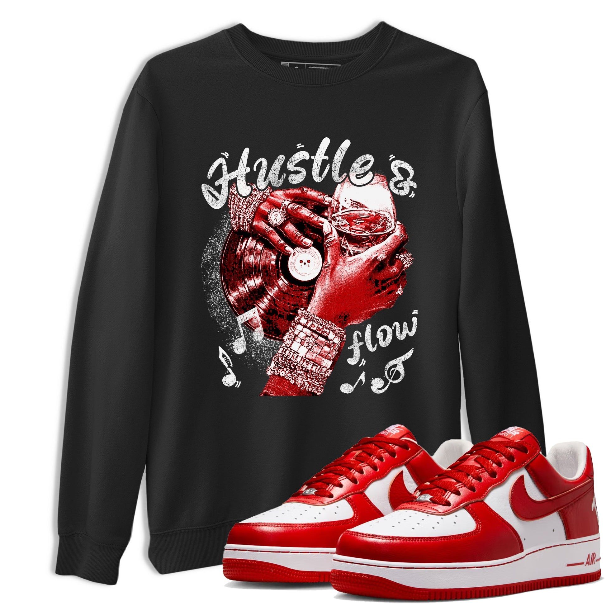 Hustle and Flow sneaker match t-shirt styled to complete your fit with the Air Force 1 University Red sneakers, shown in Black 1.