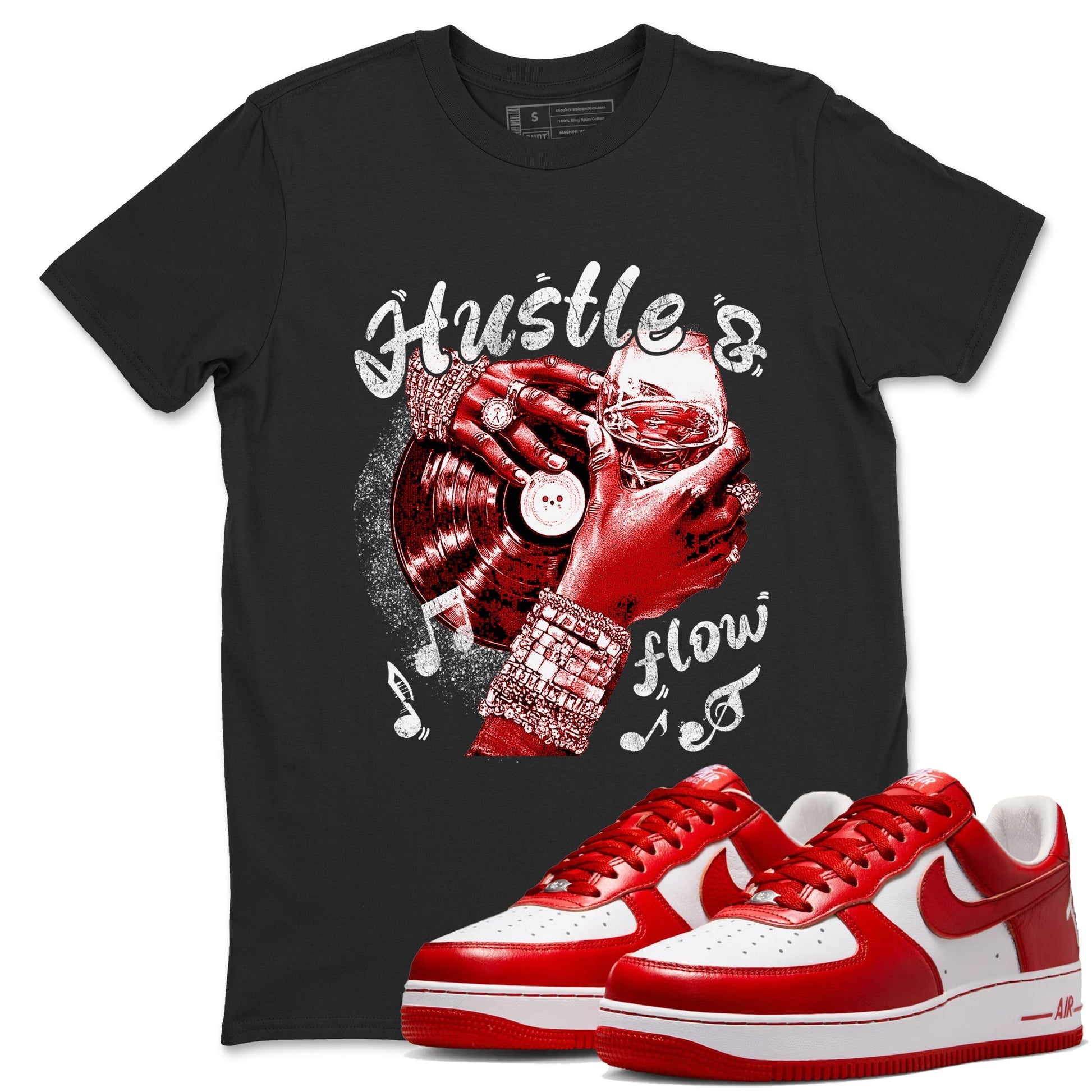 Hustle and Flow sneaker match t-shirt styled to complete your fit with the Air Force 1 University Red sneakers, shown in Black 1.