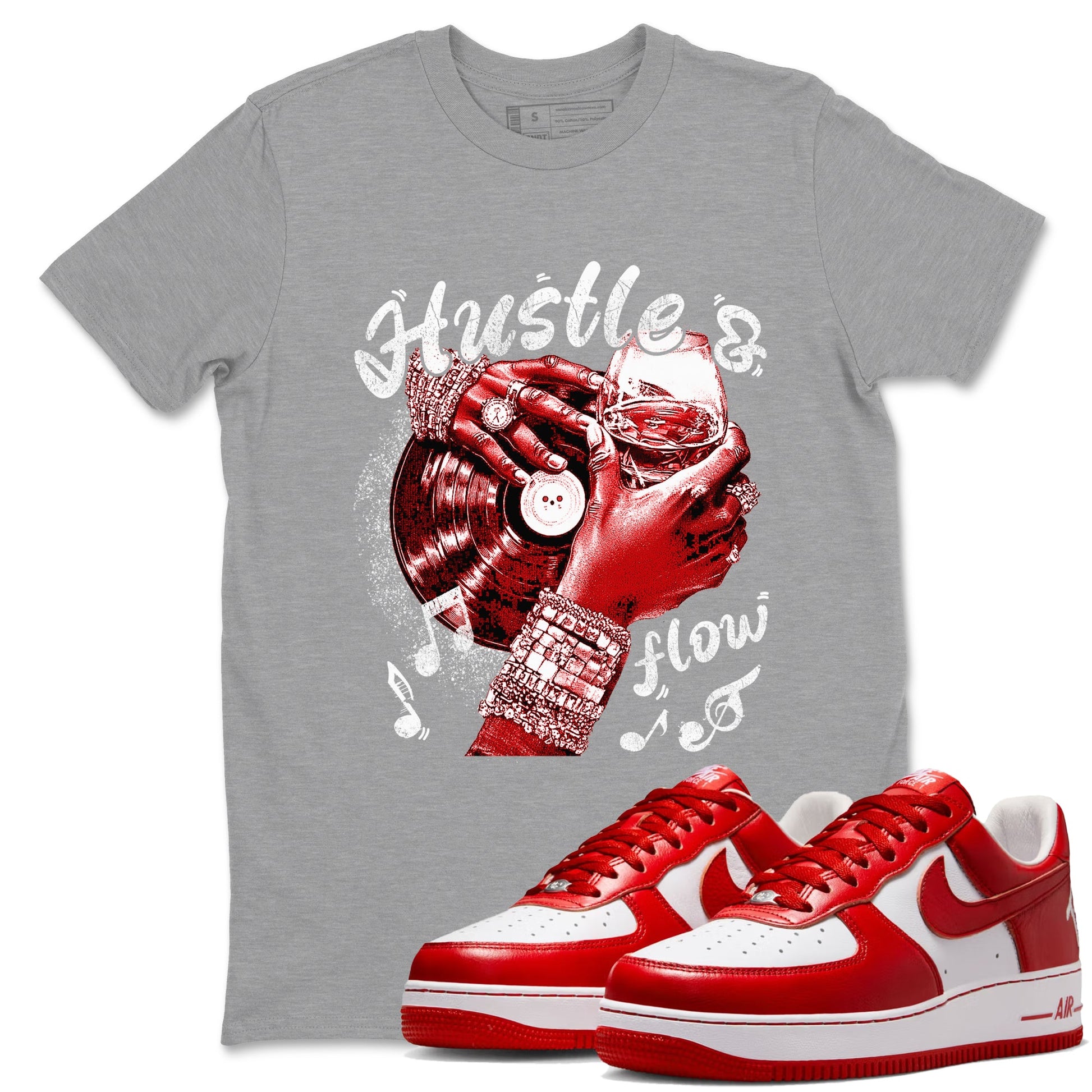 Hustle and Flow sneaker match t-shirt styled to complete your fit with the Air Force 1 University Red sneakers, shown in Heather Grey 1.