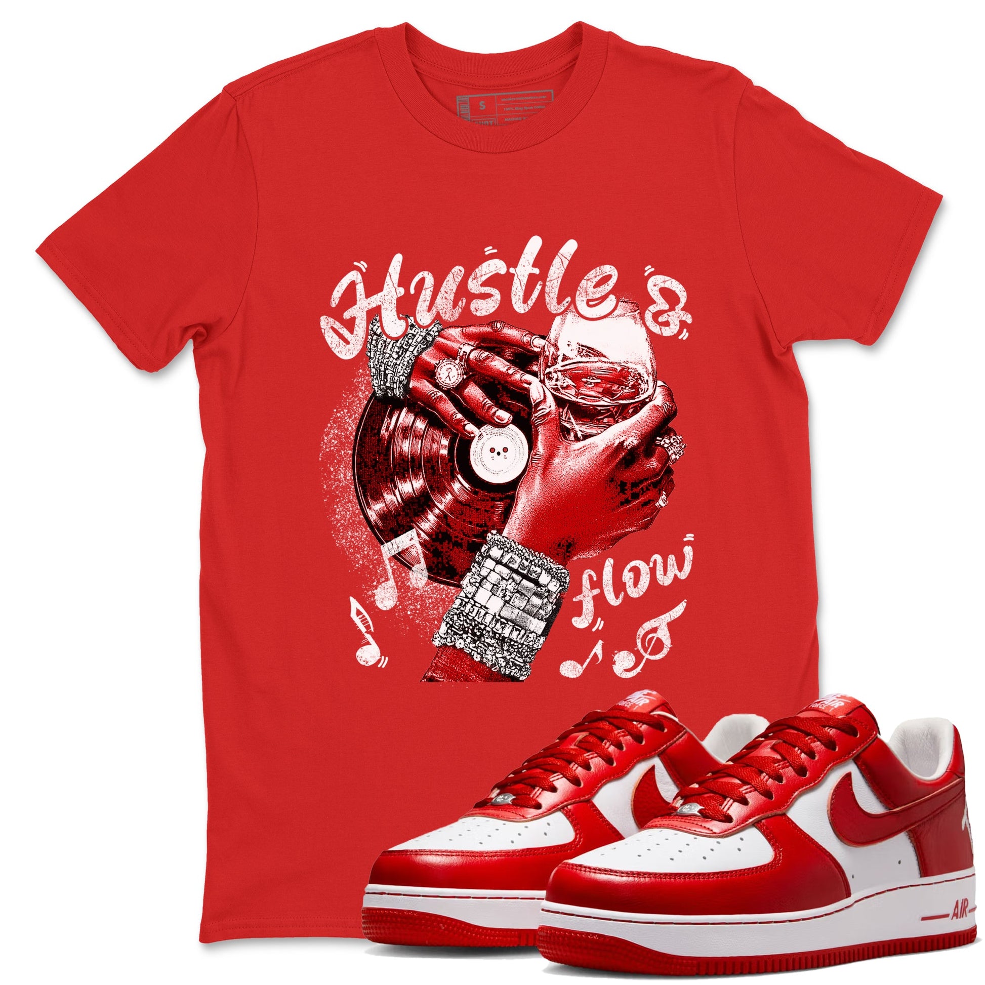 Hustle and Flow sneaker match t-shirt styled to complete your fit with the Air Force 1 University Red sneakers, shown in Red 1.