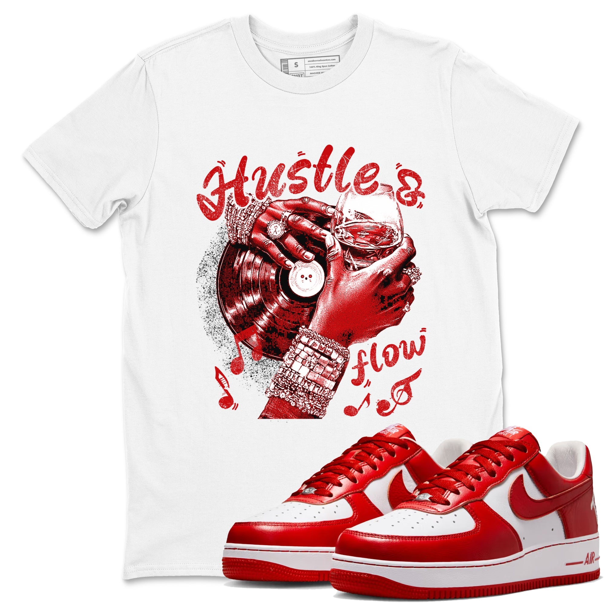 Hustle and Flow sneaker match t-shirt styled to complete your fit with the Air Force 1 University Red sneakers, shown in White 1.