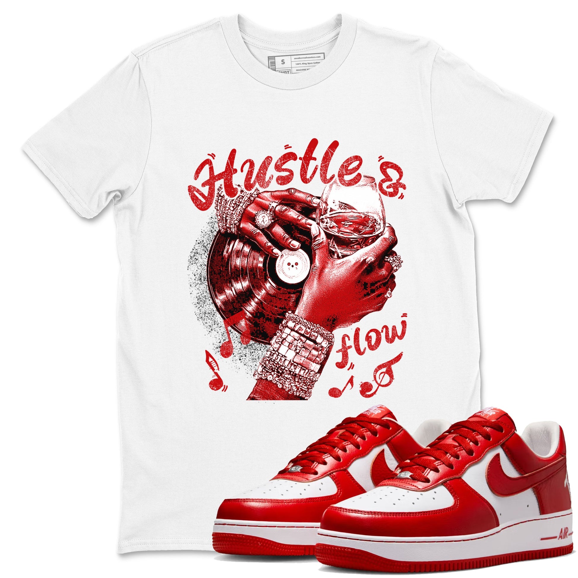 Hustle and Flow sneaker match t-shirt styled to complete your fit with the Air Force 1 University Red sneakers, shown in White 1.