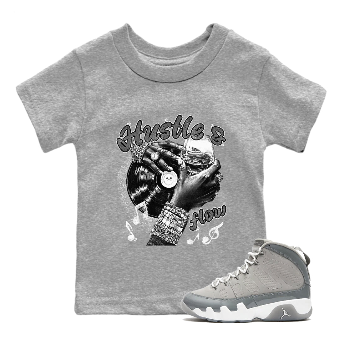 9s Cool Grey best t shirts to wear with jordans Hustle and Flow sneaker match tees Air Jordan 9 Retro Cool Grey match shoes to clothes SNRT Sneaker Tees Youth Baby Heather Grey 1 tee