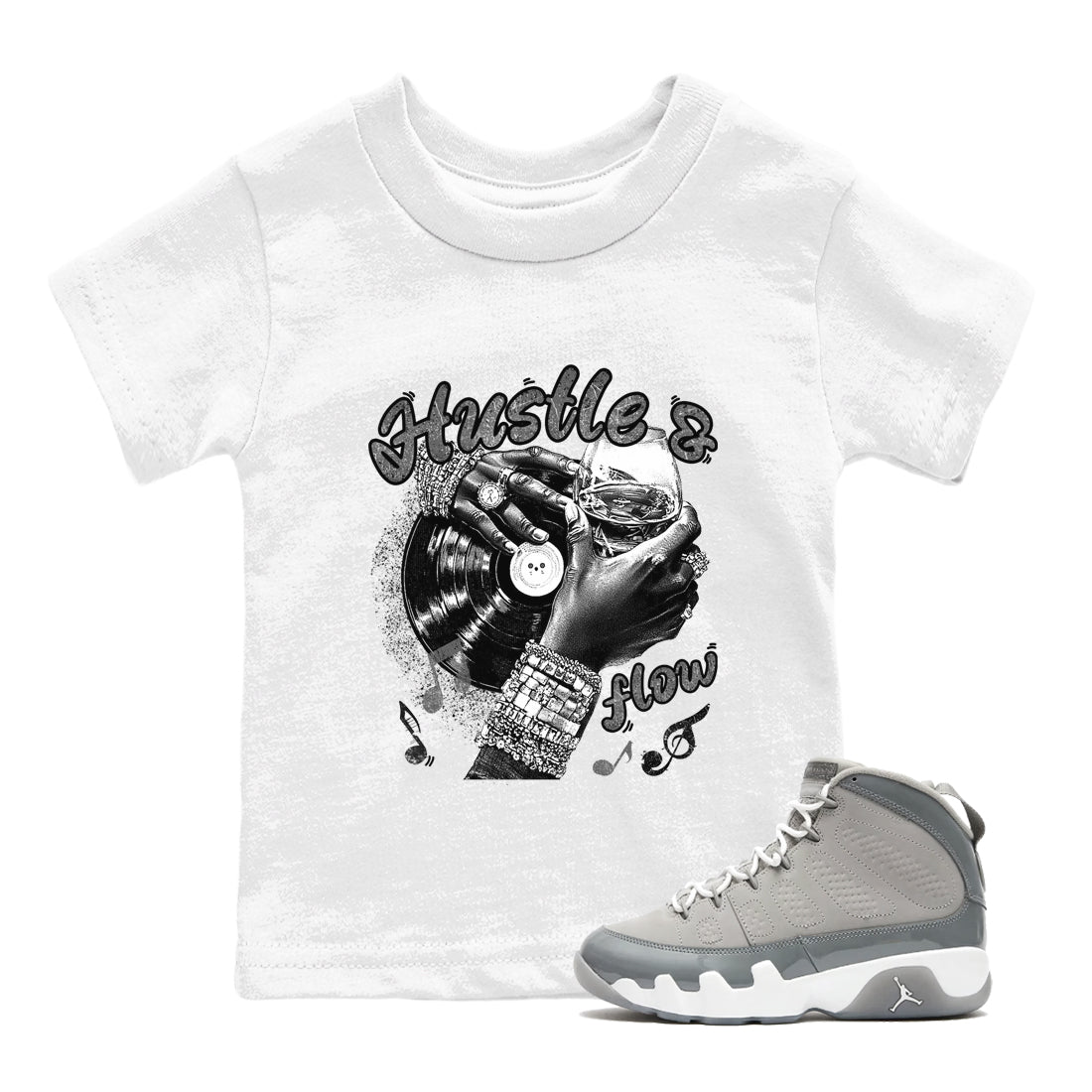 9s Cool Grey best t shirts to wear with jordans Hustle and Flow sneaker match tees Air Jordan 9 Retro Cool Grey match shoes to clothes SNRT Sneaker Tees Youth Baby White 1 tee