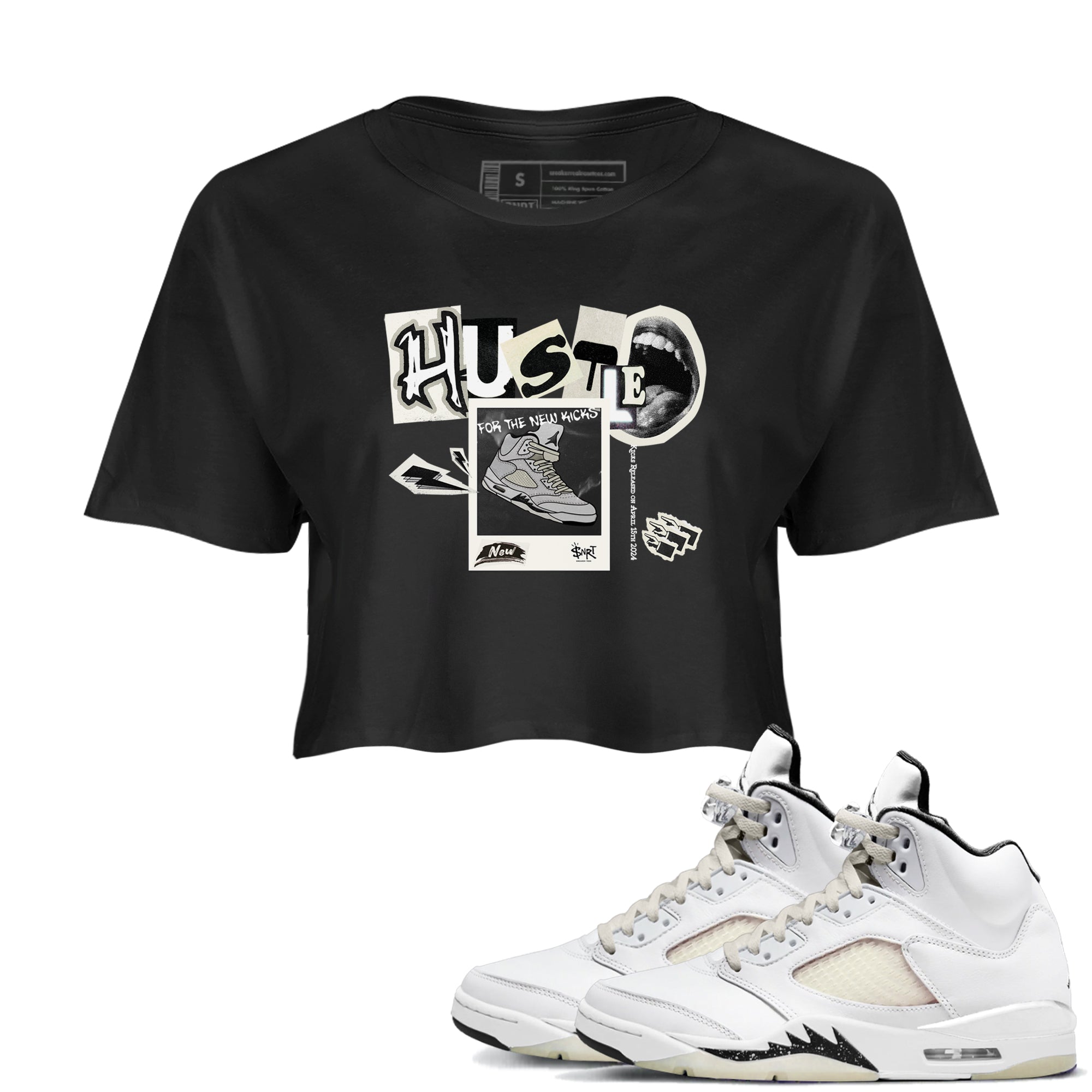 AJ5 Sail shirt to match jordans Hustle For The New Kicks sneaker tees Air Jordan 5 Sail SNRT Sneaker Release Tees Black 1 crop length shirt