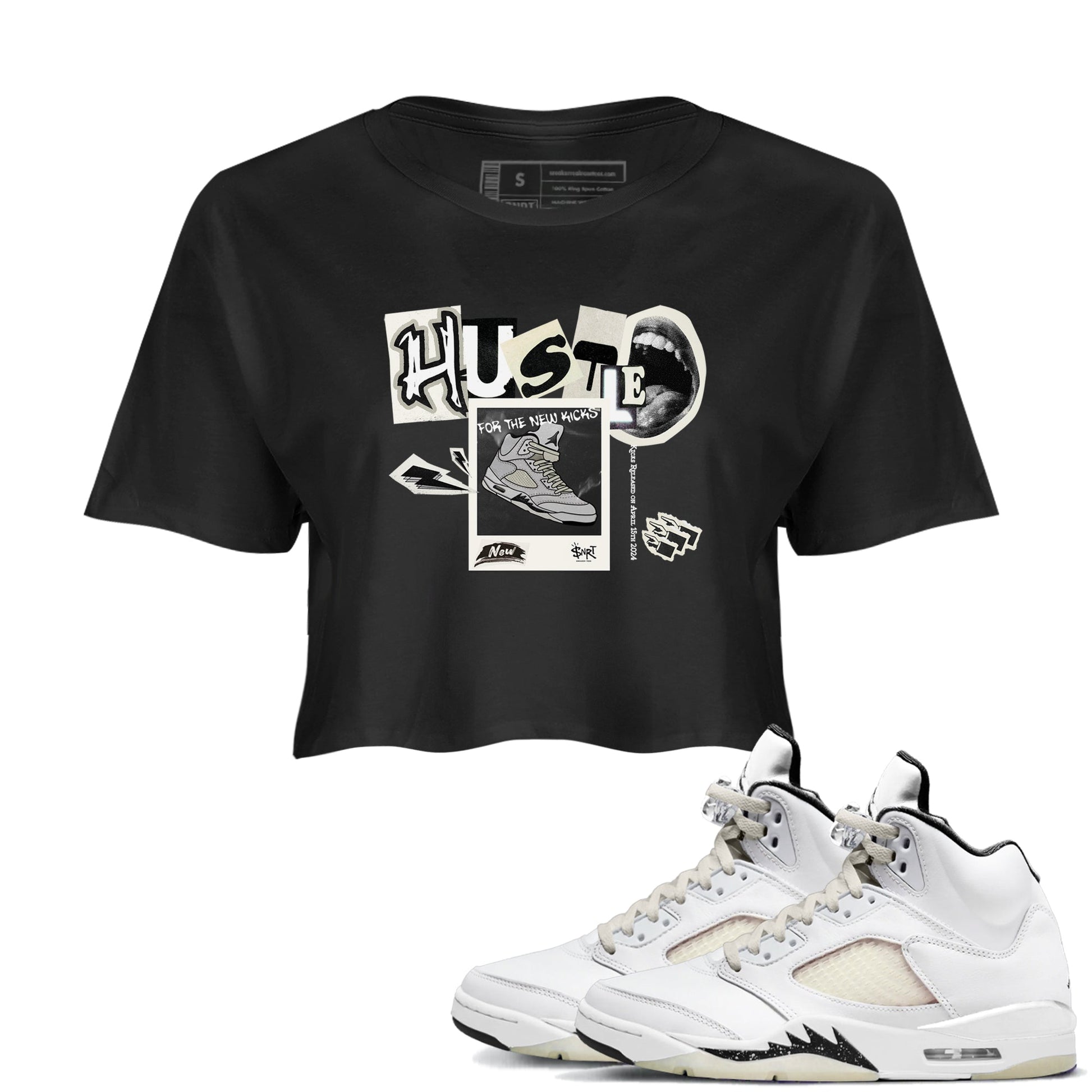 AJ5 Sail shirt to match jordans Hustle For The New Kicks sneaker tees Air Jordan 5 Sail SNRT Sneaker Release Tees Black 1 crop length shirt