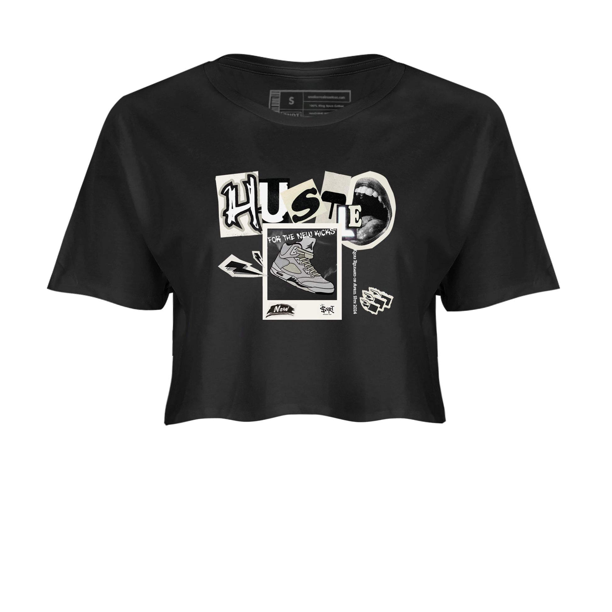 AJ5 Sail shirt to match jordans Hustle For The New Kicks sneaker tees Air Jordan 5 Sail SNRT Sneaker Release Tees Black 2 crop length shirt