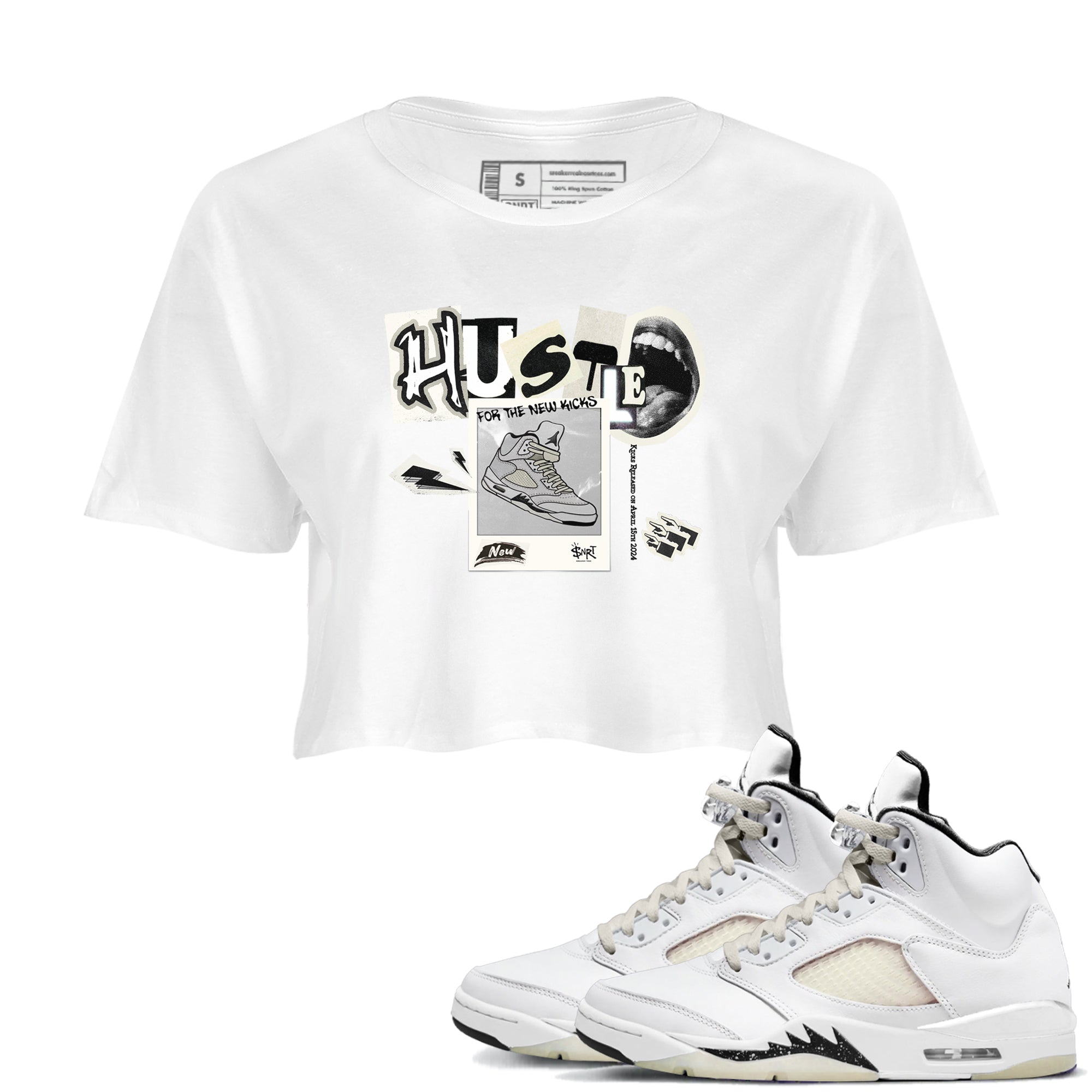 AJ5 Sail shirt to match jordans Hustle For The New Kicks sneaker tees Air Jordan 5 Sail SNRT Sneaker Release Tees White 1 crop length shirt