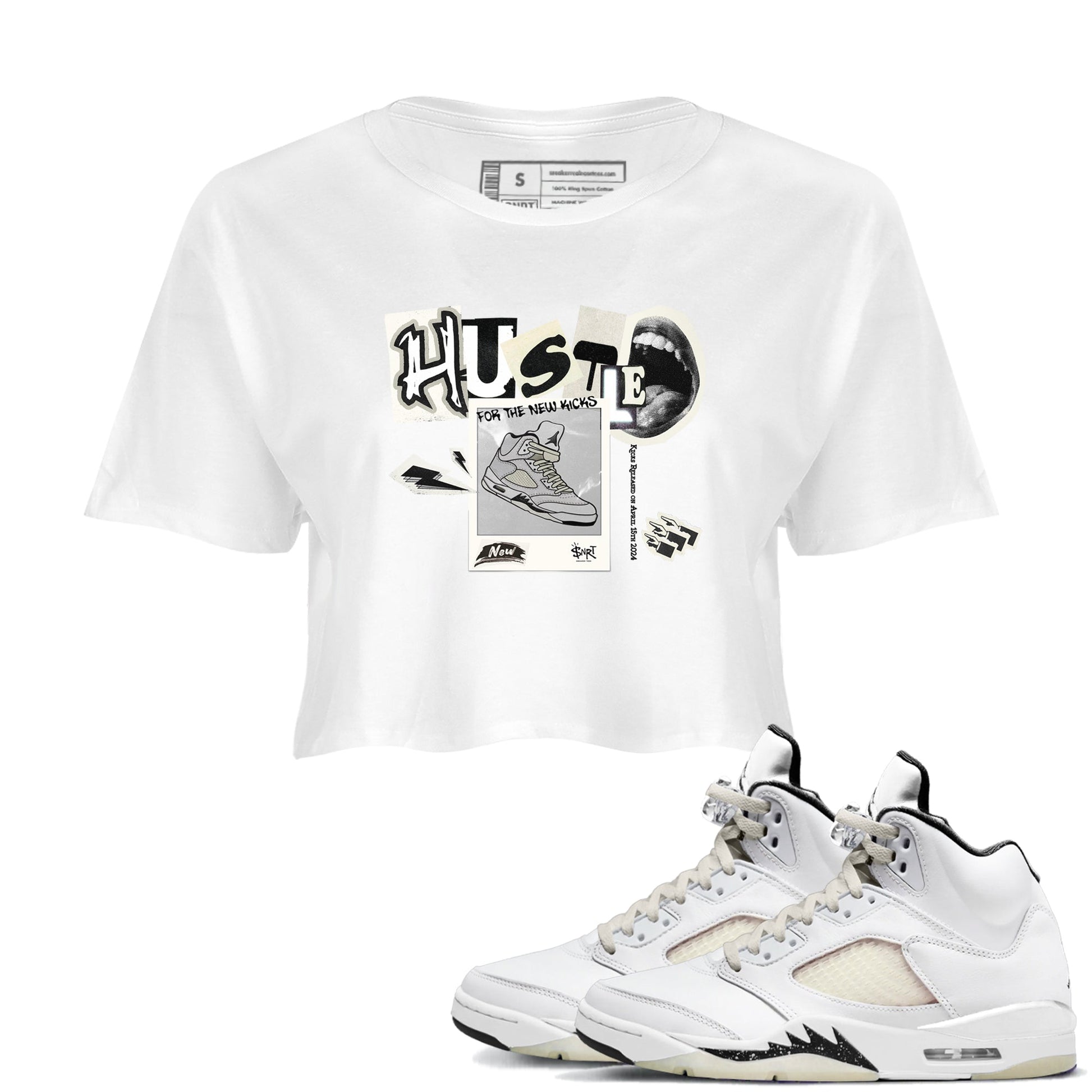 AJ5 Sail shirt to match jordans Hustle For The New Kicks sneaker tees Air Jordan 5 Sail SNRT Sneaker Release Tees White 1 crop length shirt