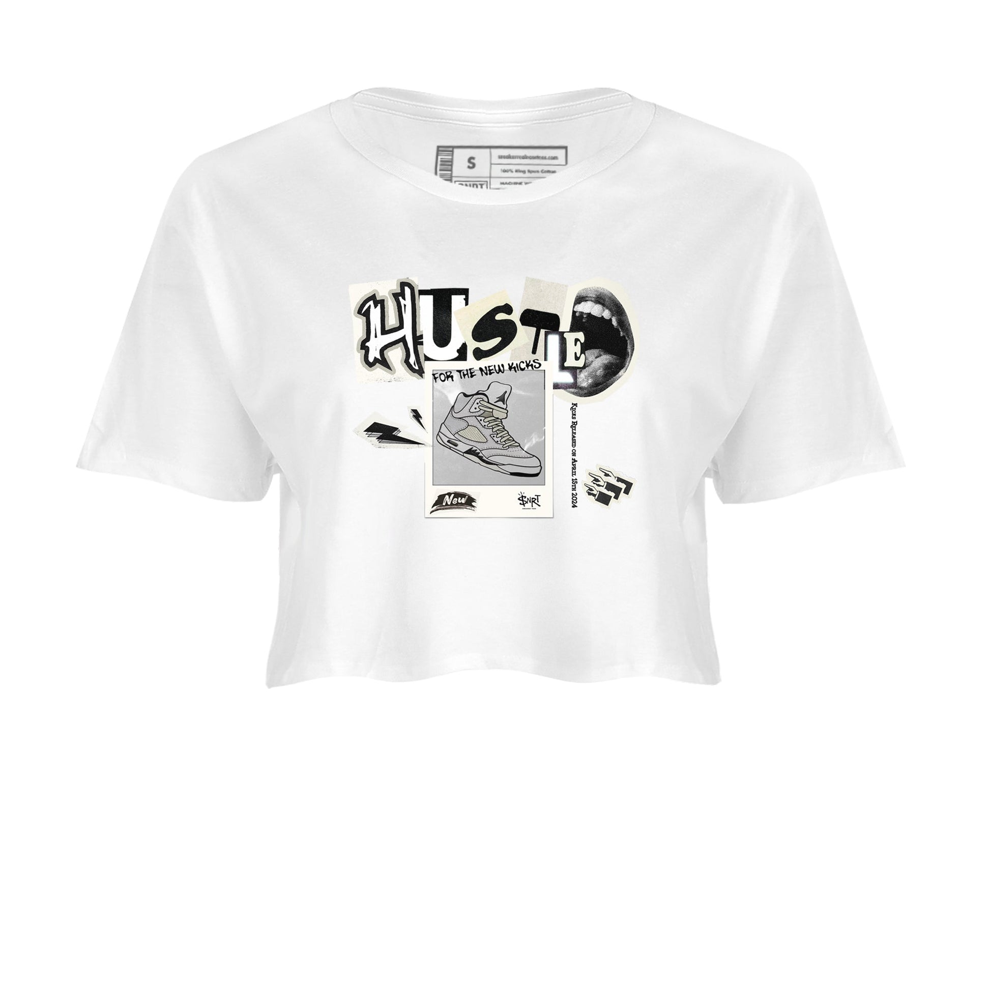 AJ5 Sail shirt to match jordans Hustle For The New Kicks sneaker tees Air Jordan 5 Sail SNRT Sneaker Release Tees White 2 crop length shirt