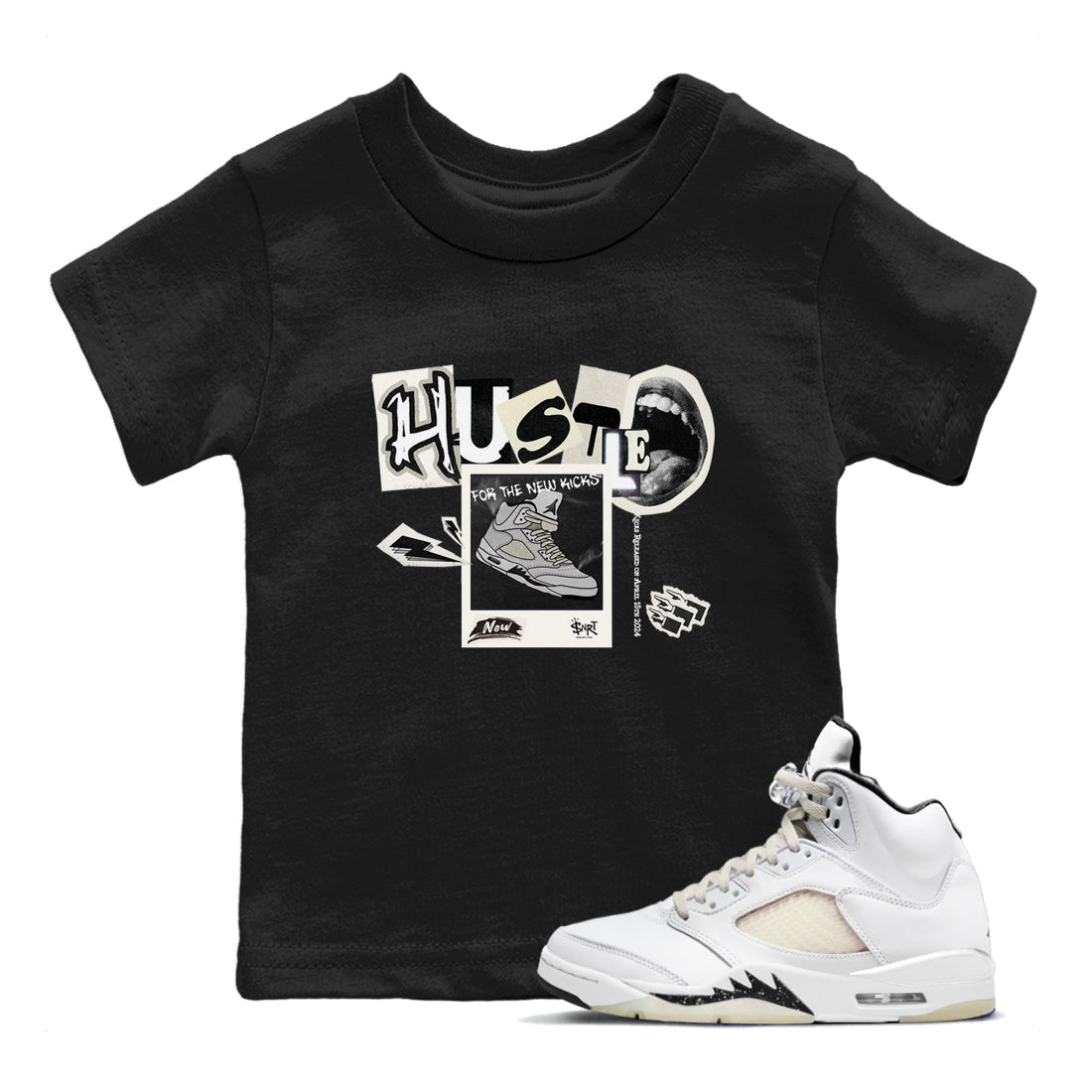 AJ5 Sail shirt to match jordans Hustle For The New Kicks sneaker tees Air Jordan 5 Sail SNRT sneaker release tees baby toddler Black 1 cotton Shirt