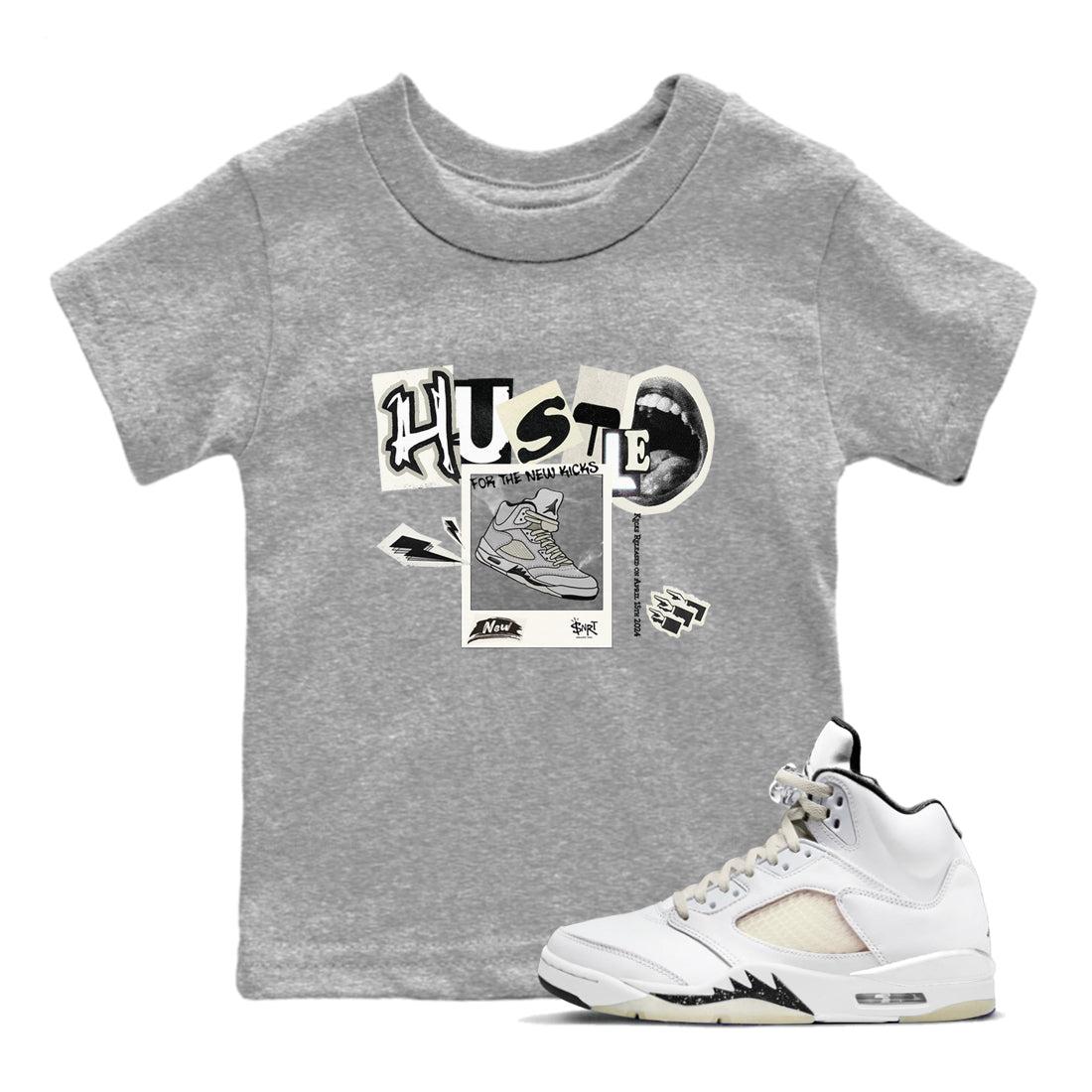 AJ5 Sail shirt to match jordans Hustle For The New Kicks sneaker tees Air Jordan 5 Sail SNRT sneaker release tees baby toddler Heather Grey 1 cotton Shirt