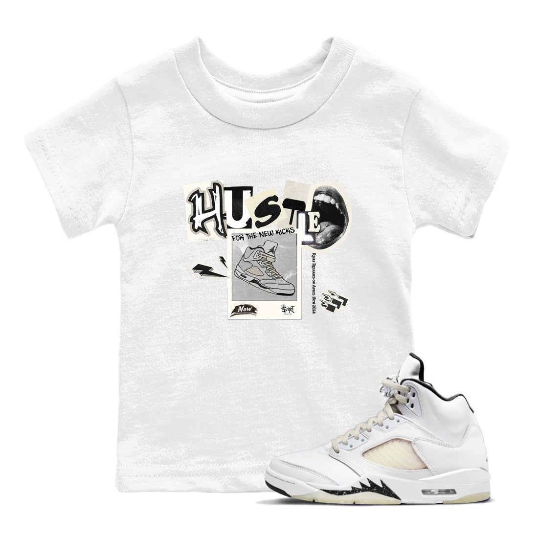 AJ5 Sail shirt to match jordans Hustle For The New Kicks sneaker tees Air Jordan 5 Sail SNRT sneaker release tees baby toddler White 1 cotton Shirt