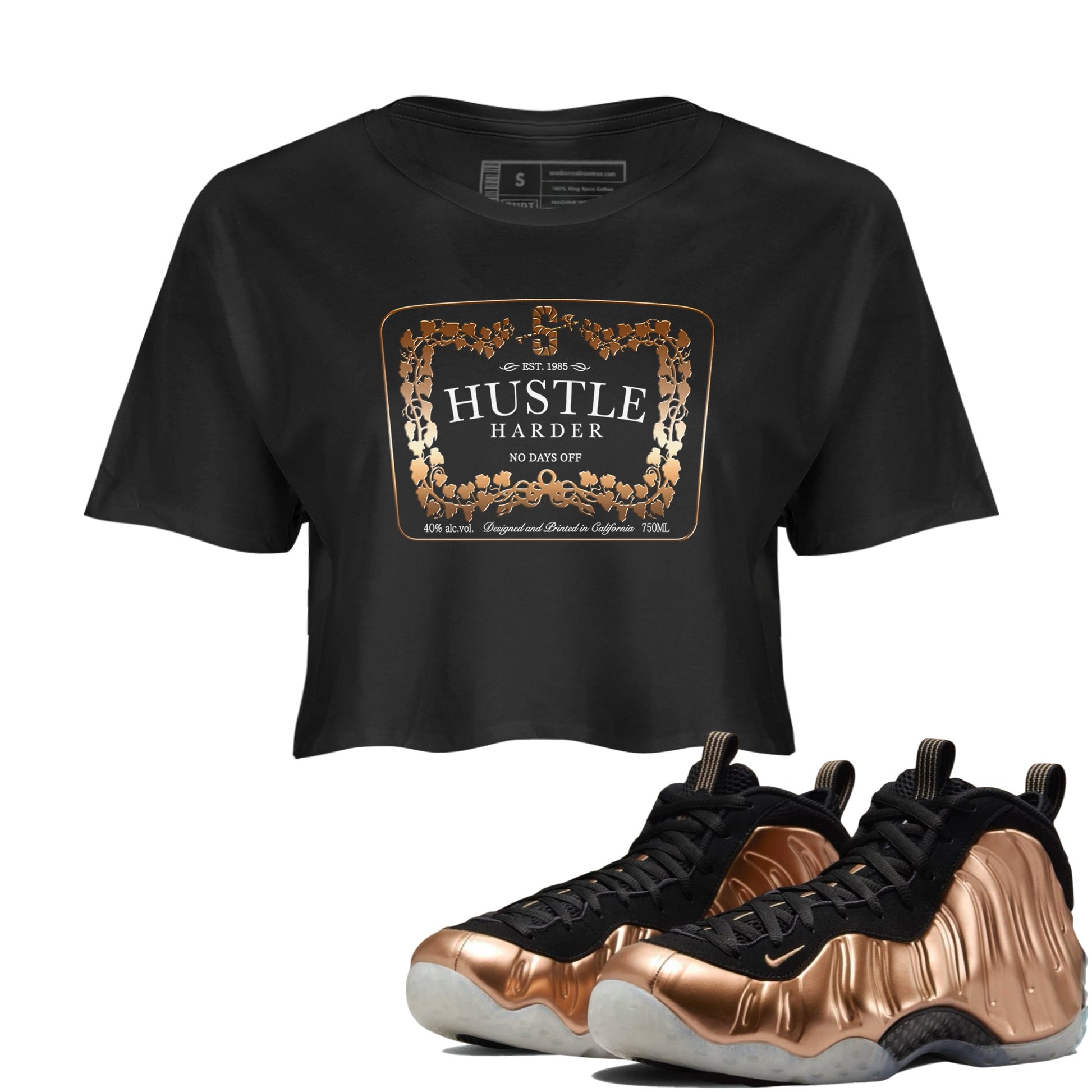 Air Foamposite 1 Metallic Copper Shirts To Match Jordans Hustle Harder Sneaker Shirts Air Foamposite One Metallic Copper SNRT Sneaker Release Tees Unisex Cotton Crew Neck Black 1 Crop Shirts