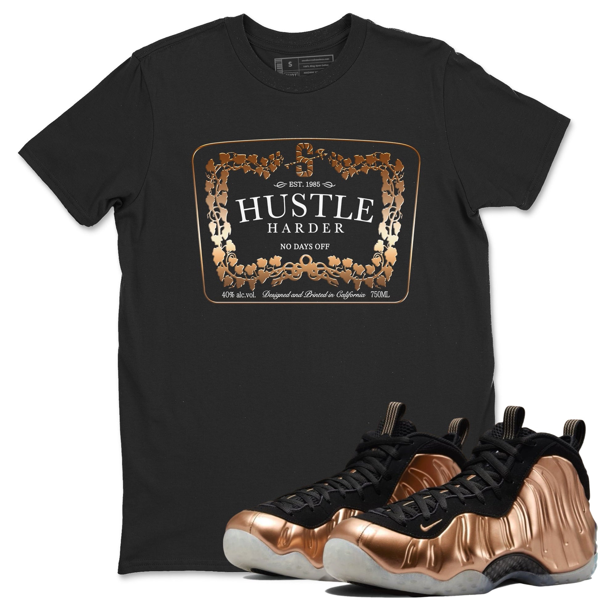 Air Foamposite 1 Metallic Copper Shirts To Match Jordans Hustle Harder Sneaker Shirts Air Foamposite One Metallic Copper SNRT Sneaker Release Tees Unisex Cotton Crew Neck Black 1 crew neck shirts