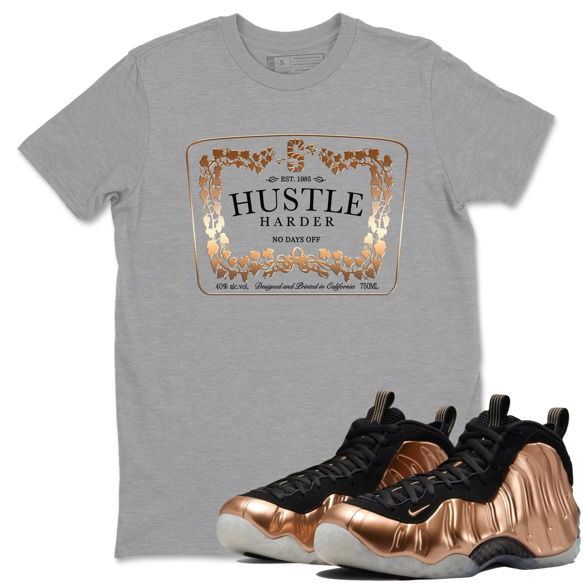 Air Foamposite 1 Metallic Copper Shirts To Match Jordans Hustle Harder Sneaker Shirts Air Foamposite One Metallic Copper SNRT Sneaker Release Tees Unisex Cotton Crew Neck Heather Grey 1 crew neck shirts