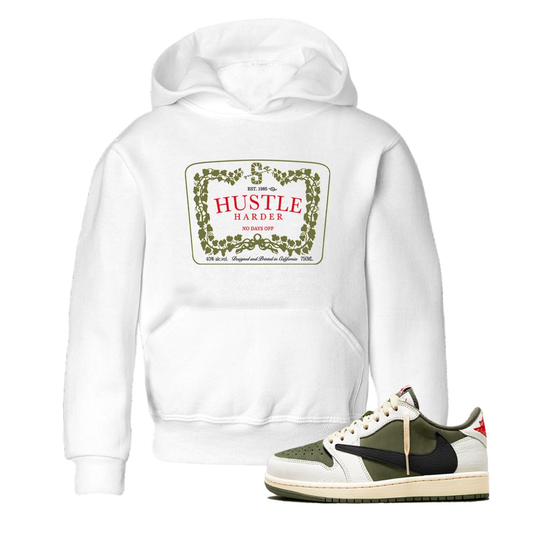1s Travis Scott Medium Olive shirts to match jordans Hustle Harder sneaker match tees Air Jordan 1 Travis Scott Medium Olive SNRT Sneaker Release Tees Youth Baby White 1 crew neck shirts