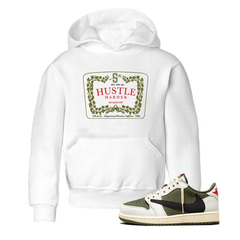 1s Travis Scott Medium Olive shirts to match jordans Hustle Harder sneaker match tees Air Jordan 1 Travis Scott Medium Olive SNRT Sneaker Release Tees Youth Baby White 1 crew neck shirts