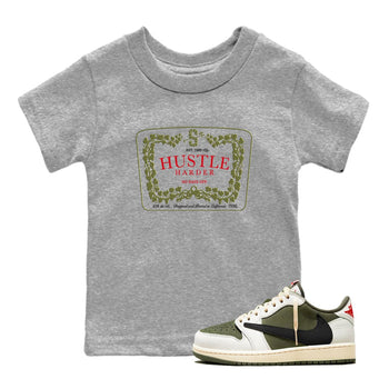 1s Travis Scott Medium Olive shirts to match jordans Hustle Harder sneaker match tees Air Jordan 1 Travis Scott Medium Olive SNRT Sneaker Release Tees Youth Baby Heather Grey 1 crew neck shirts