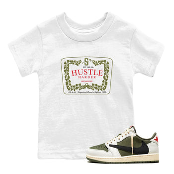 1s Travis Scott Medium Olive shirts to match jordans Hustle Harder sneaker match tees Air Jordan 1 Travis Scott Medium Olive SNRT Sneaker Release Tees Youth Baby White 1 crew neck shirts