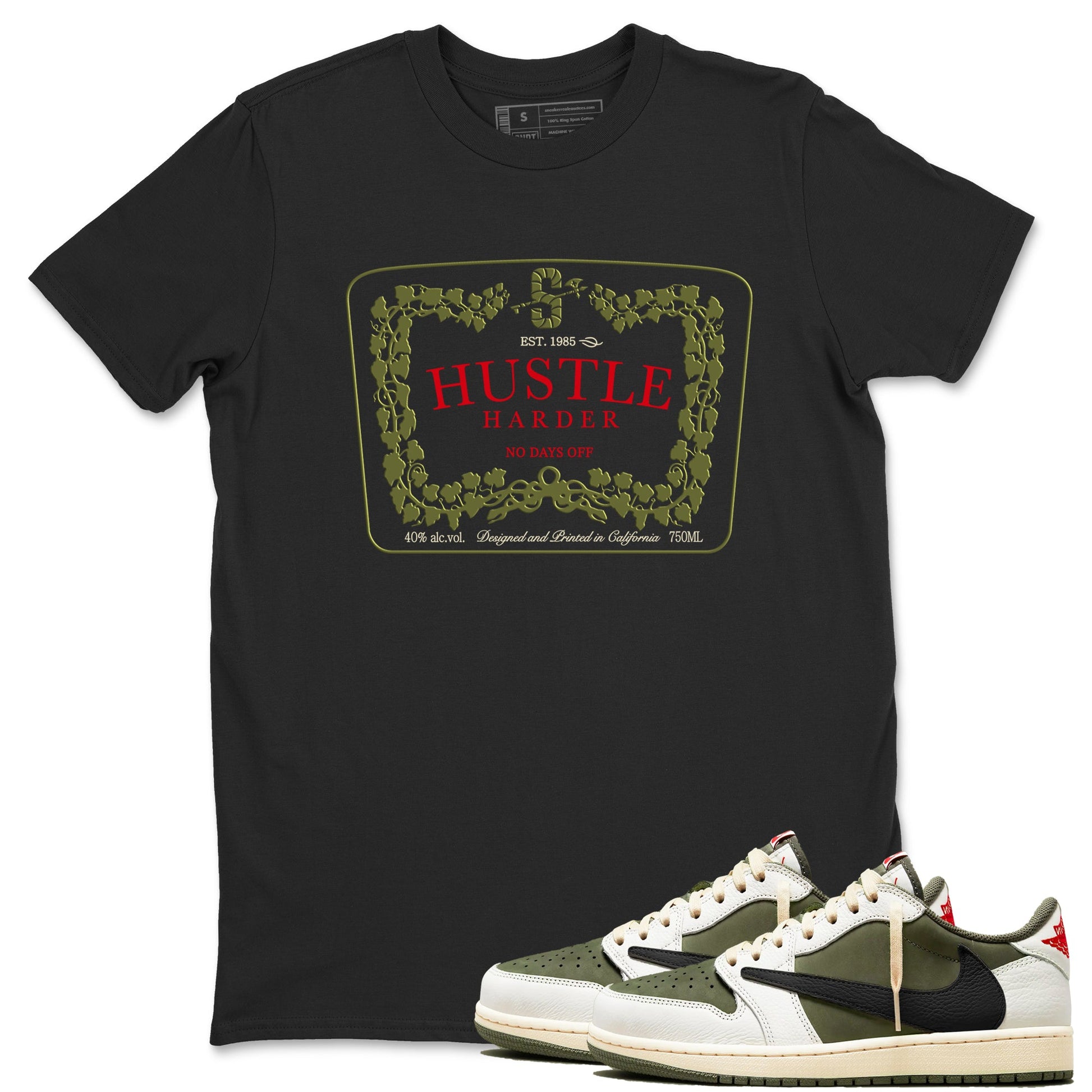 1s Travis Scott Medium Olive shirts to match jordans Hustle Harder sneaker match tees Air Jordan 1 Travis Scott Medium Olive SNRT Sneaker Release Tees unisex cotton Black 1 crew neck shirts