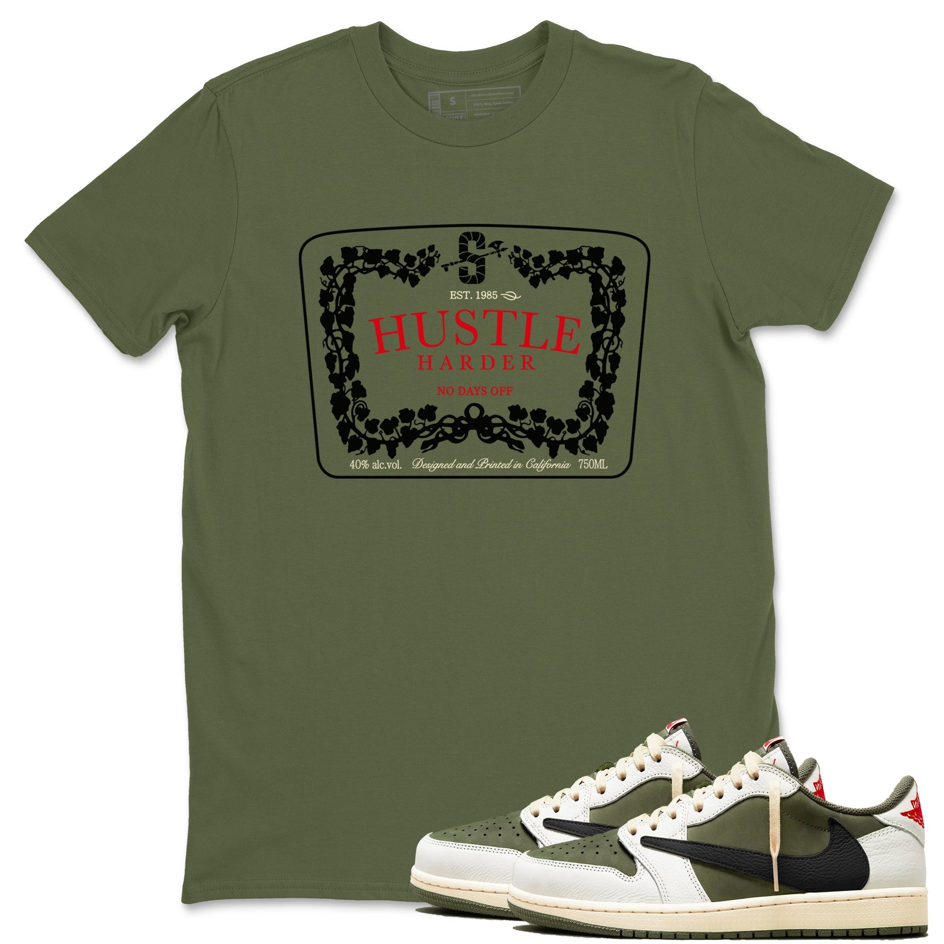 1s Travis Scott Medium Olive shirts to match jordans Hustle Harder sneaker match tees Air Jordan 1 Travis Scott Medium Olive SNRT Sneaker Release Tees unisex cotton Military Green 1 crew neck shirts