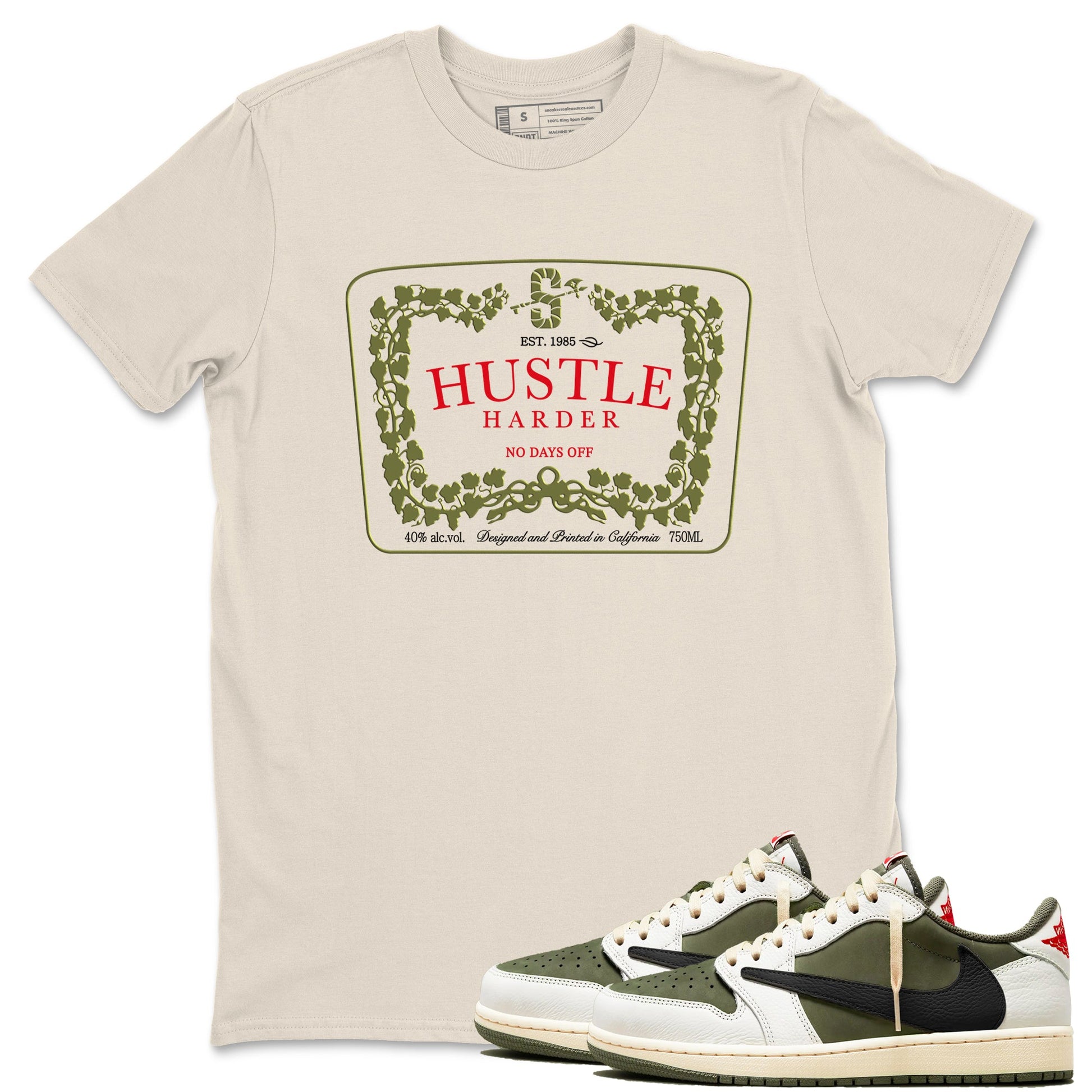 1s Travis Scott Medium Olive shirts to match jordans Hustle Harder sneaker match tees Air Jordan 1 Travis Scott Medium Olive SNRT Sneaker Release Tees unisex cotton Natural 1 crew neck shirts