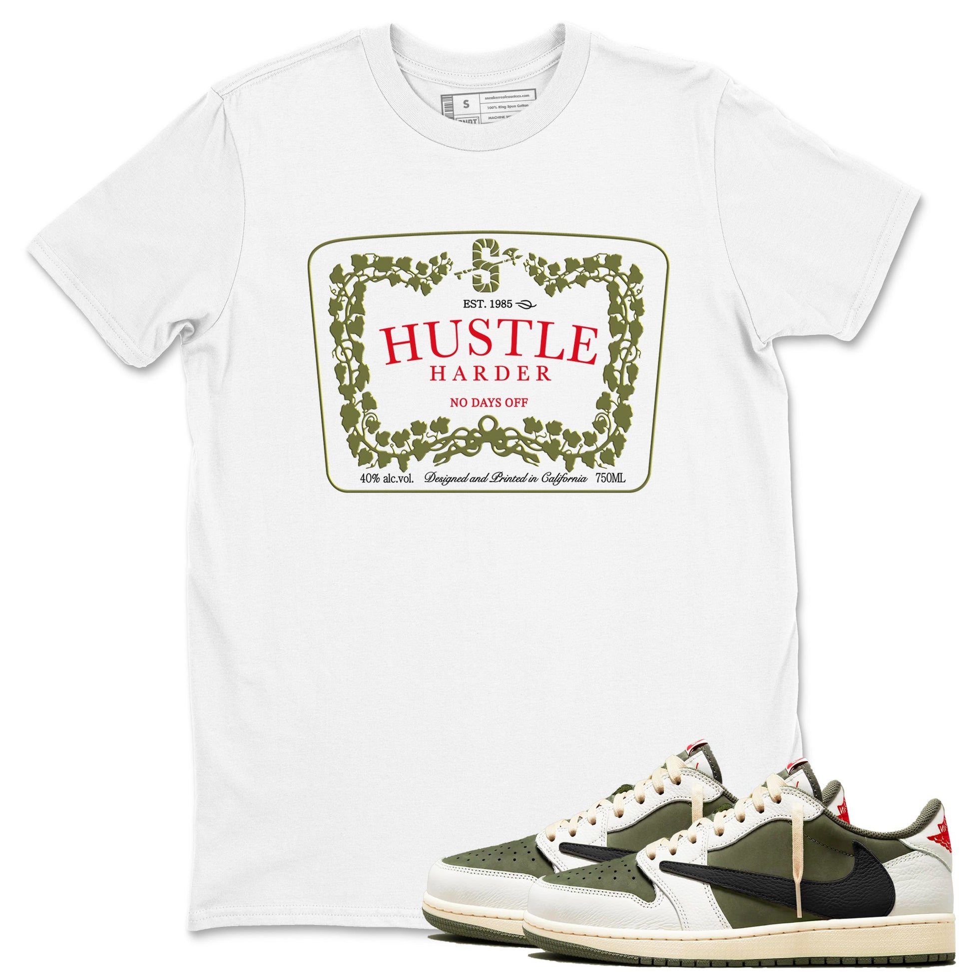 1s Travis Scott Medium Olive shirts to match jordans Hustle Harder sneaker match tees Air Jordan 1 Travis Scott Medium Olive SNRT Sneaker Release Tees unisex cotton White 1 crew neck shirts